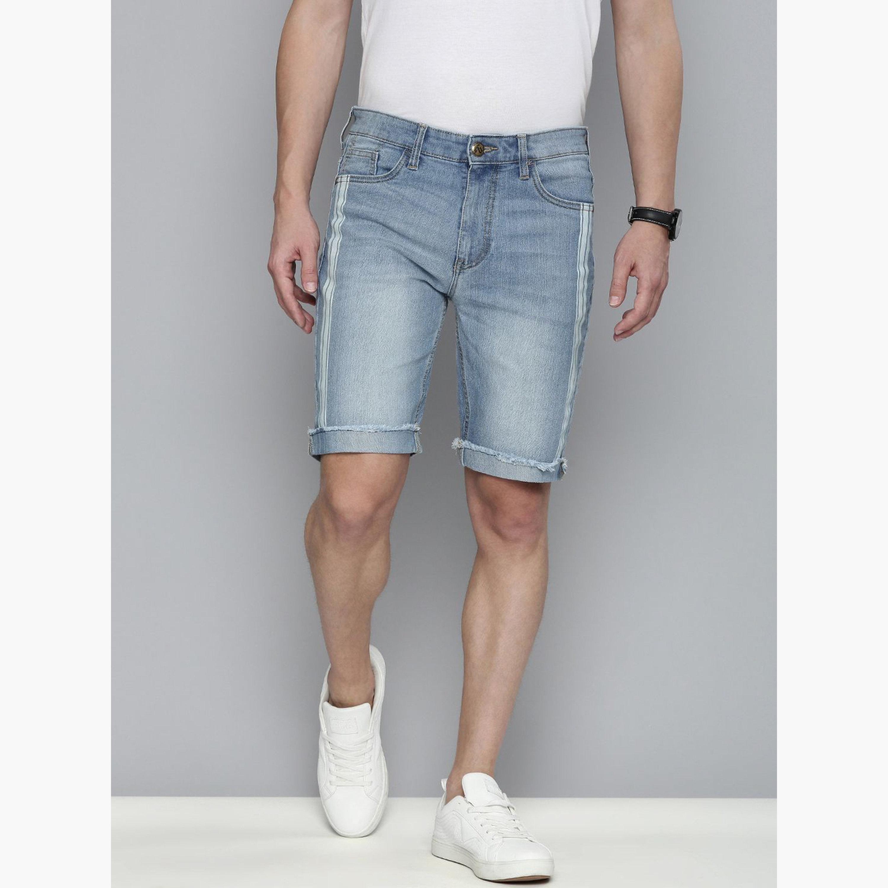 ذا انديان كراج كو × ستايلي - شورت جينز رجالي مخطط لون أزرق-men-clothing-bottoms-shorts-image-1