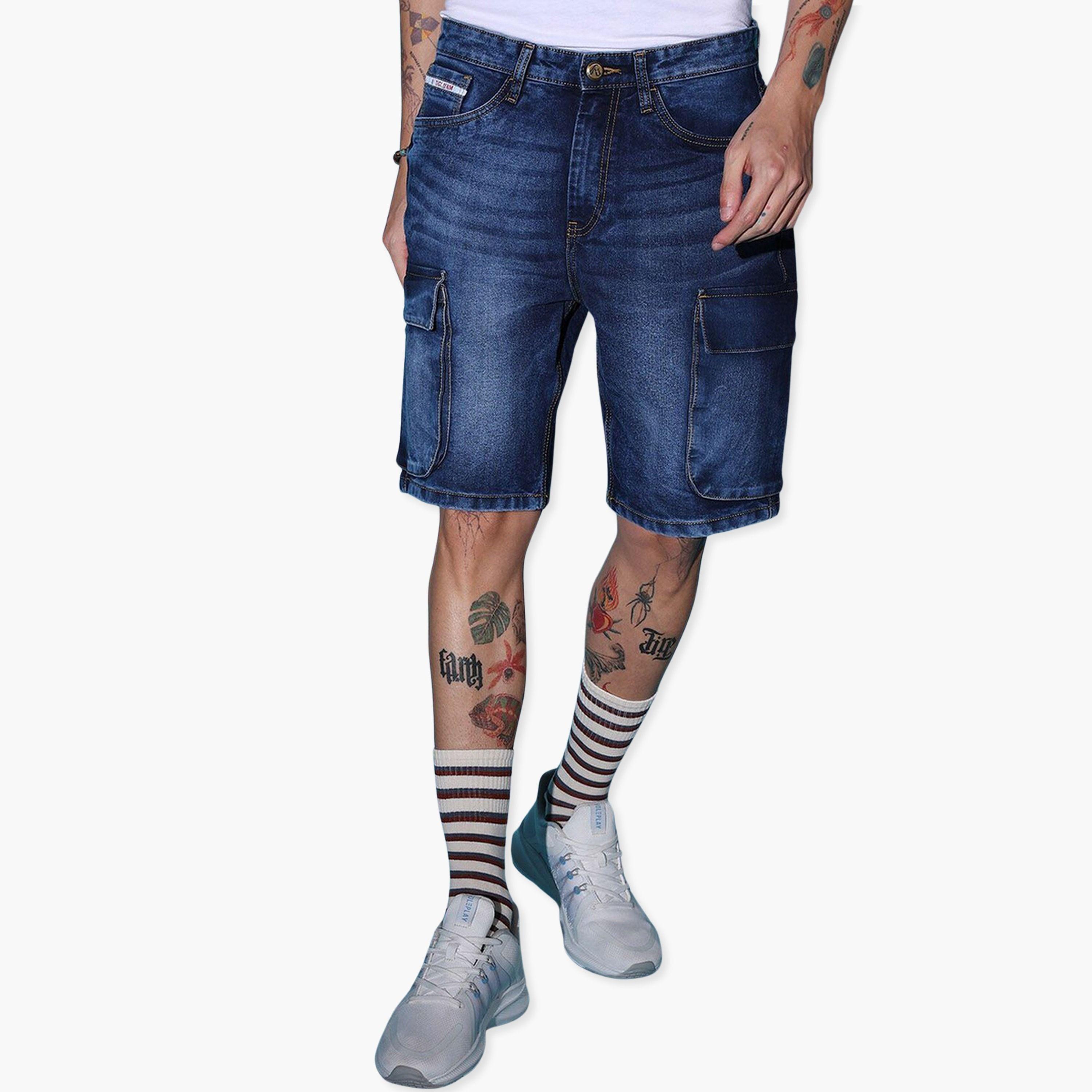 The Indian Garage Co X Styli Men Blue Acid Wash Denim Cargo Shorts-men-clothing-bottoms-shorts-image-1