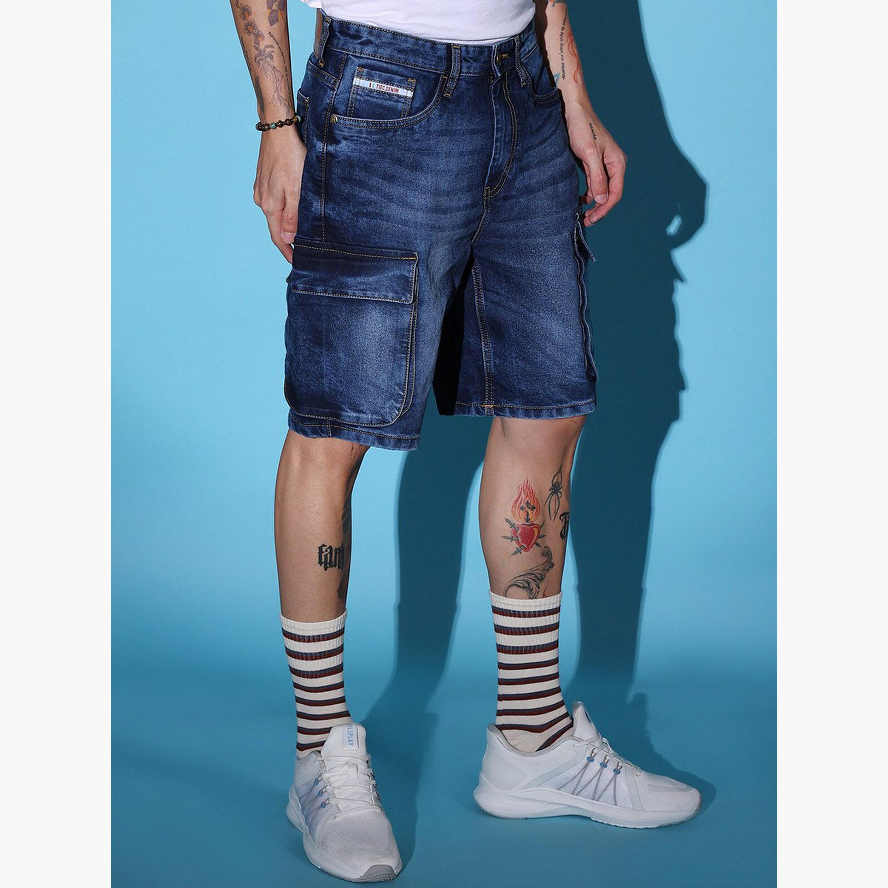 The Indian Garage Co X Styli Men Blue Acid Wash Denim Cargo Shorts-men-clothing-bottoms-shorts-image-6