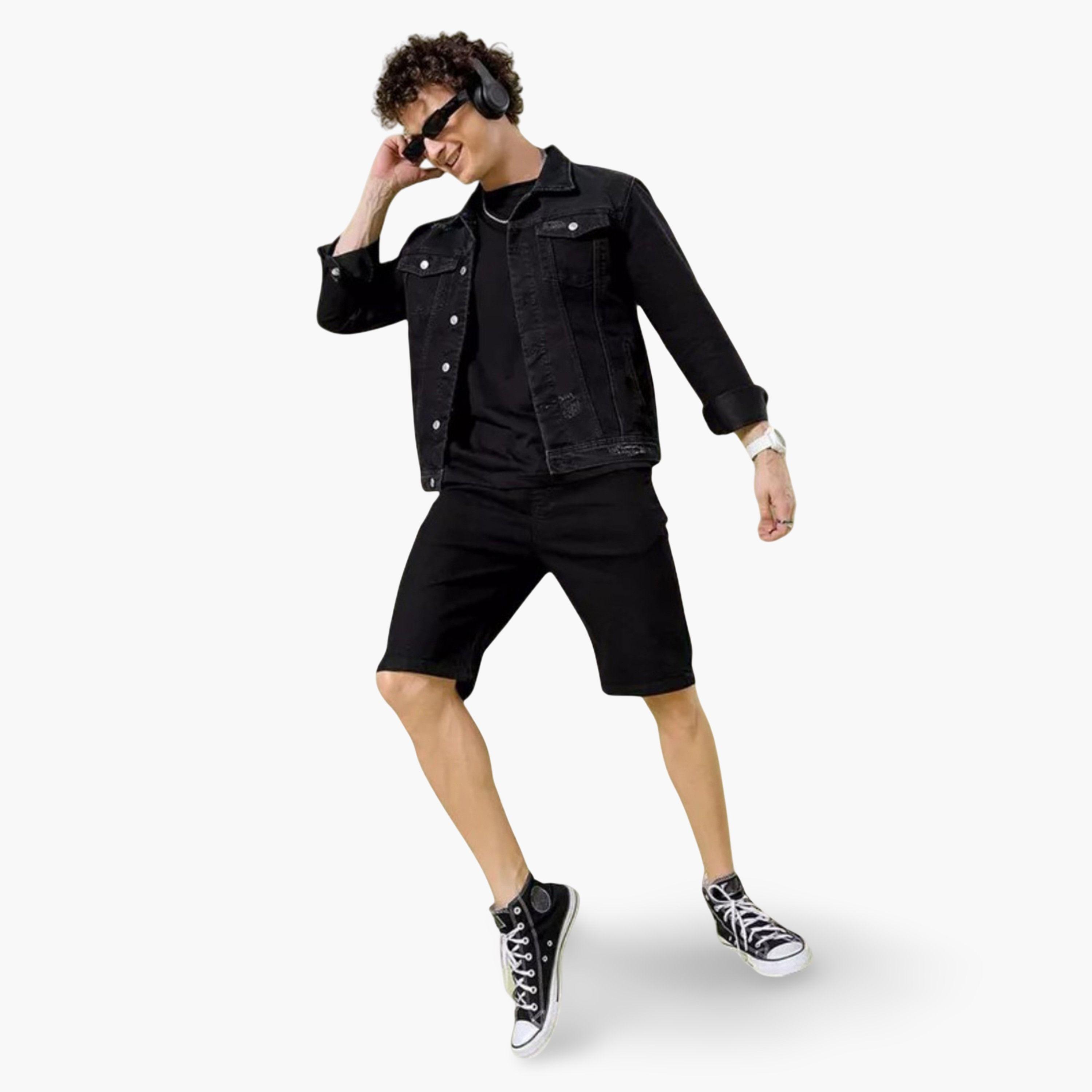 ذا انديان كراج كو × ستايلي - شورت رجالي تصميم نحيف لون أسود-men-clothing-bottoms-shorts-image-2