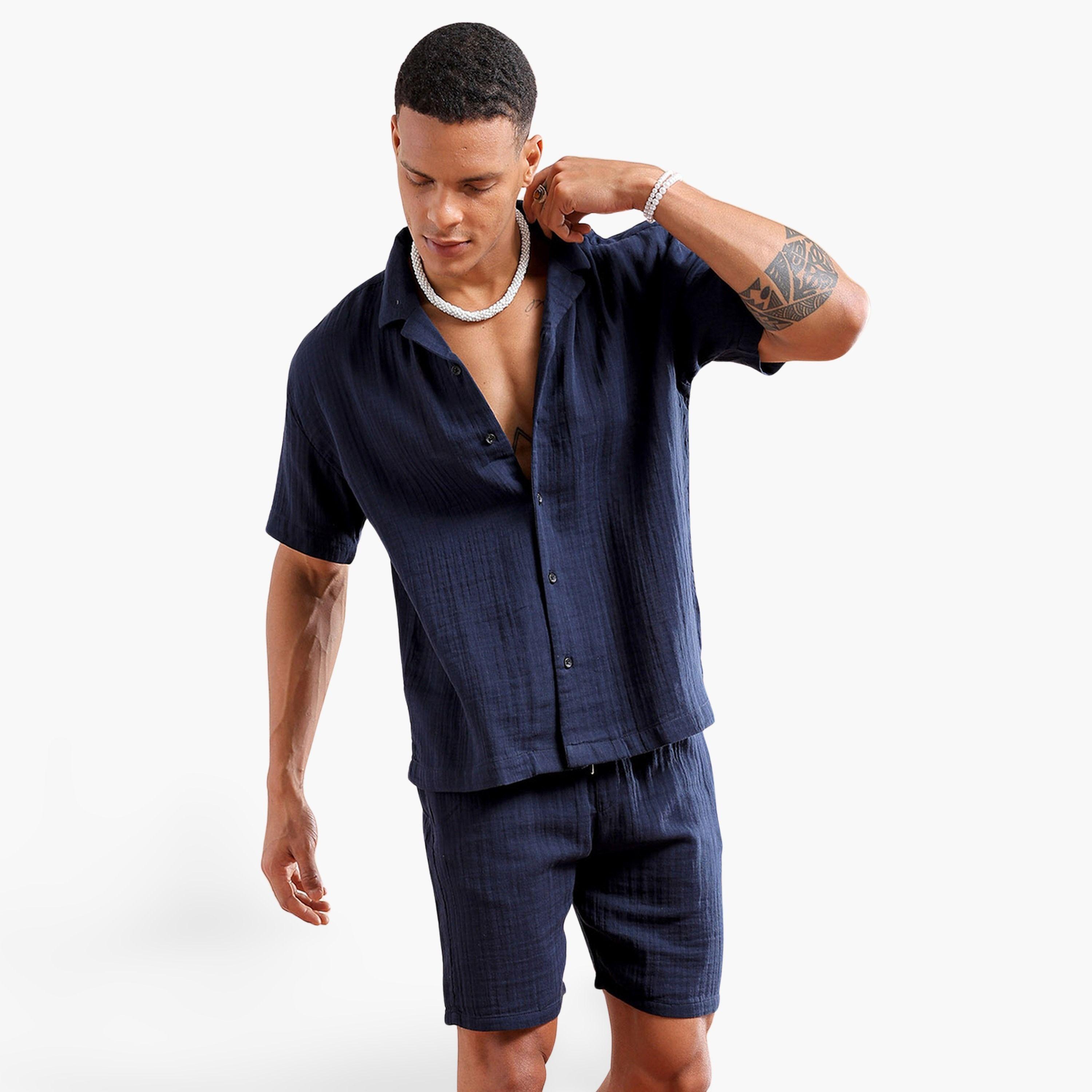 The Indian Garage Co X Styli Men Navy Solid Cotton Shirt and Shorts Set-men-clothing-coordsets-image-1