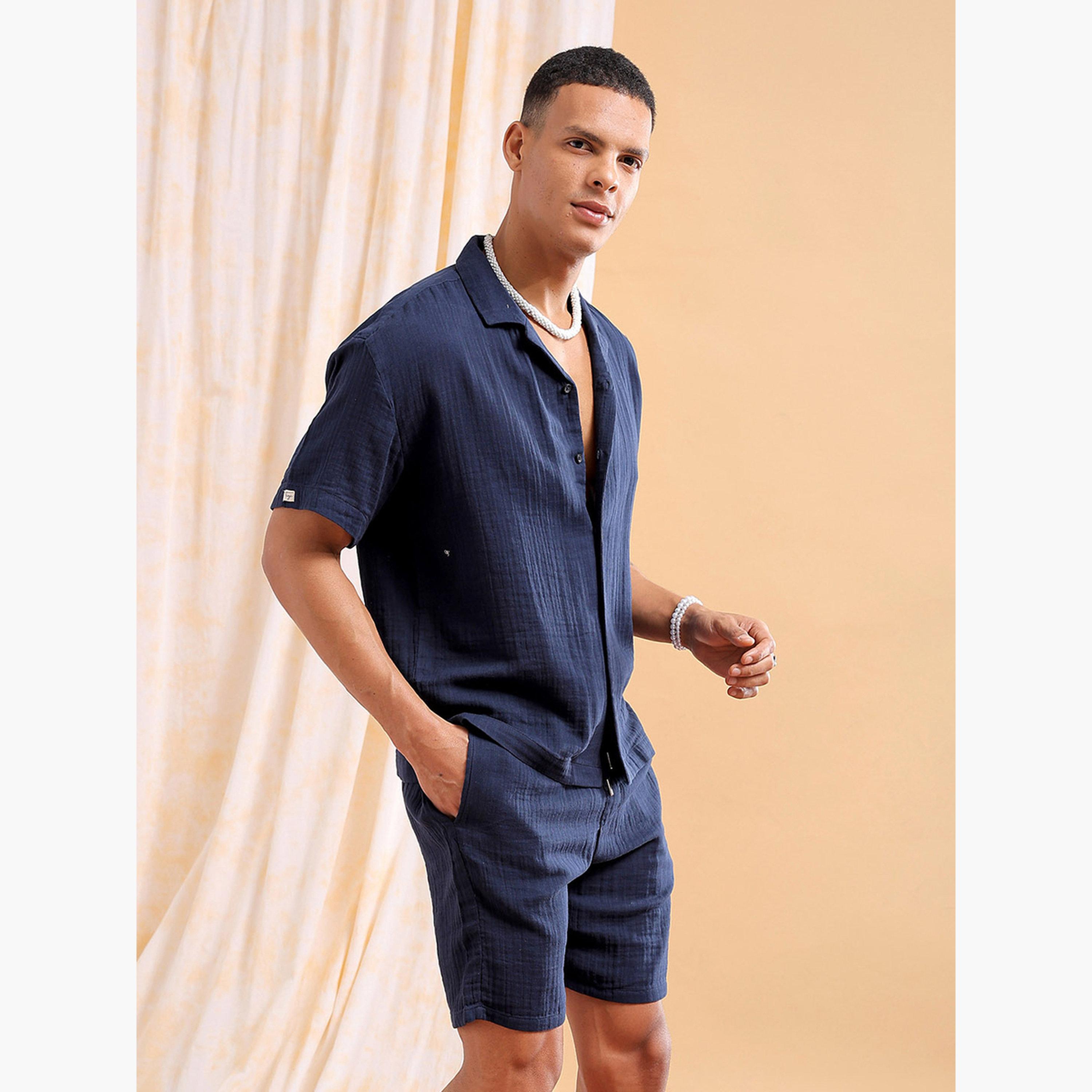 The Indian Garage Co X Styli Men Navy Solid Cotton Shirt and Shorts Set-men-clothing-coordsets-image-3