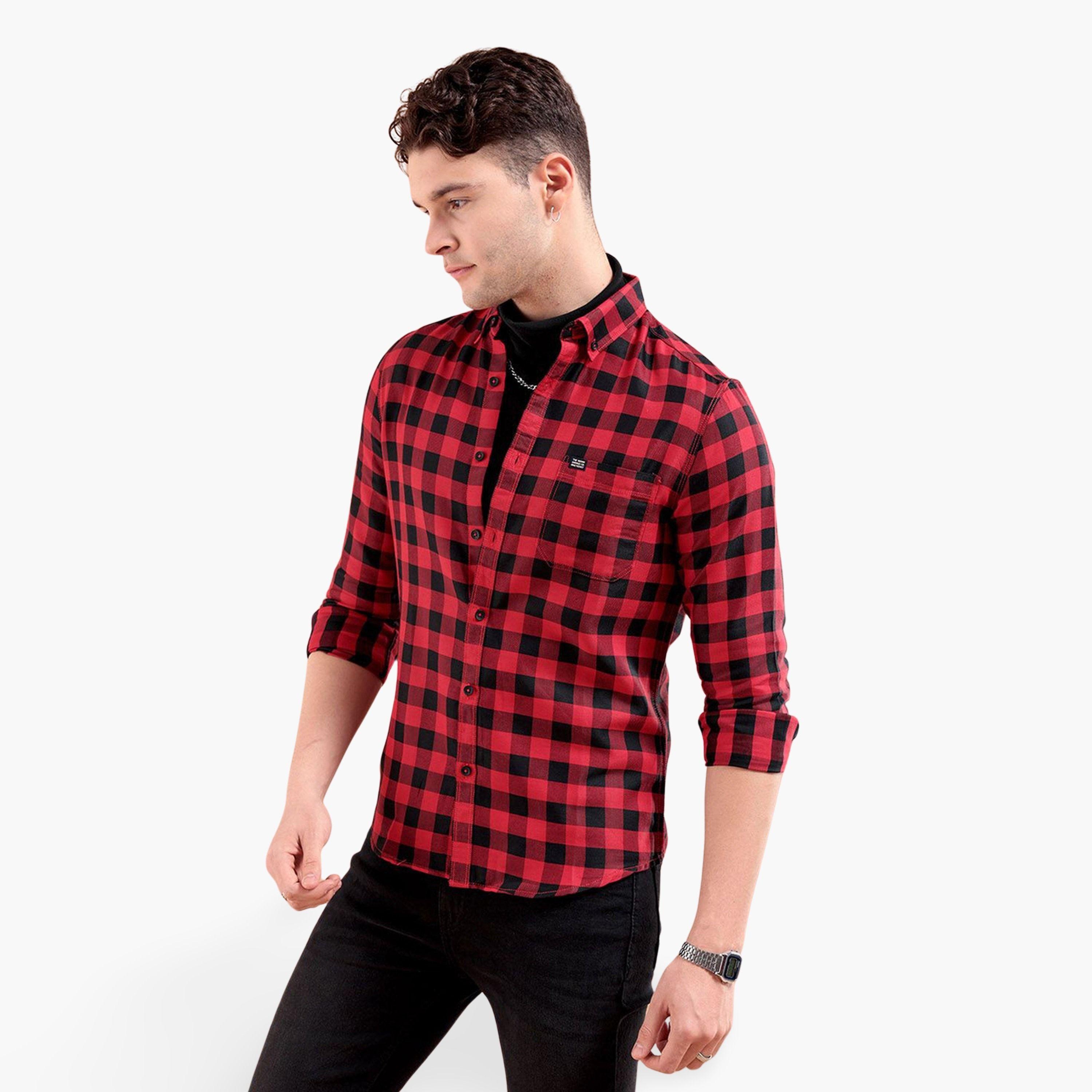 ذا انديان كراج كو × ستايلي - قميص رجالي تصميم نحيف ومنقوش لون أحمر-men-clothing-shirts-image-1