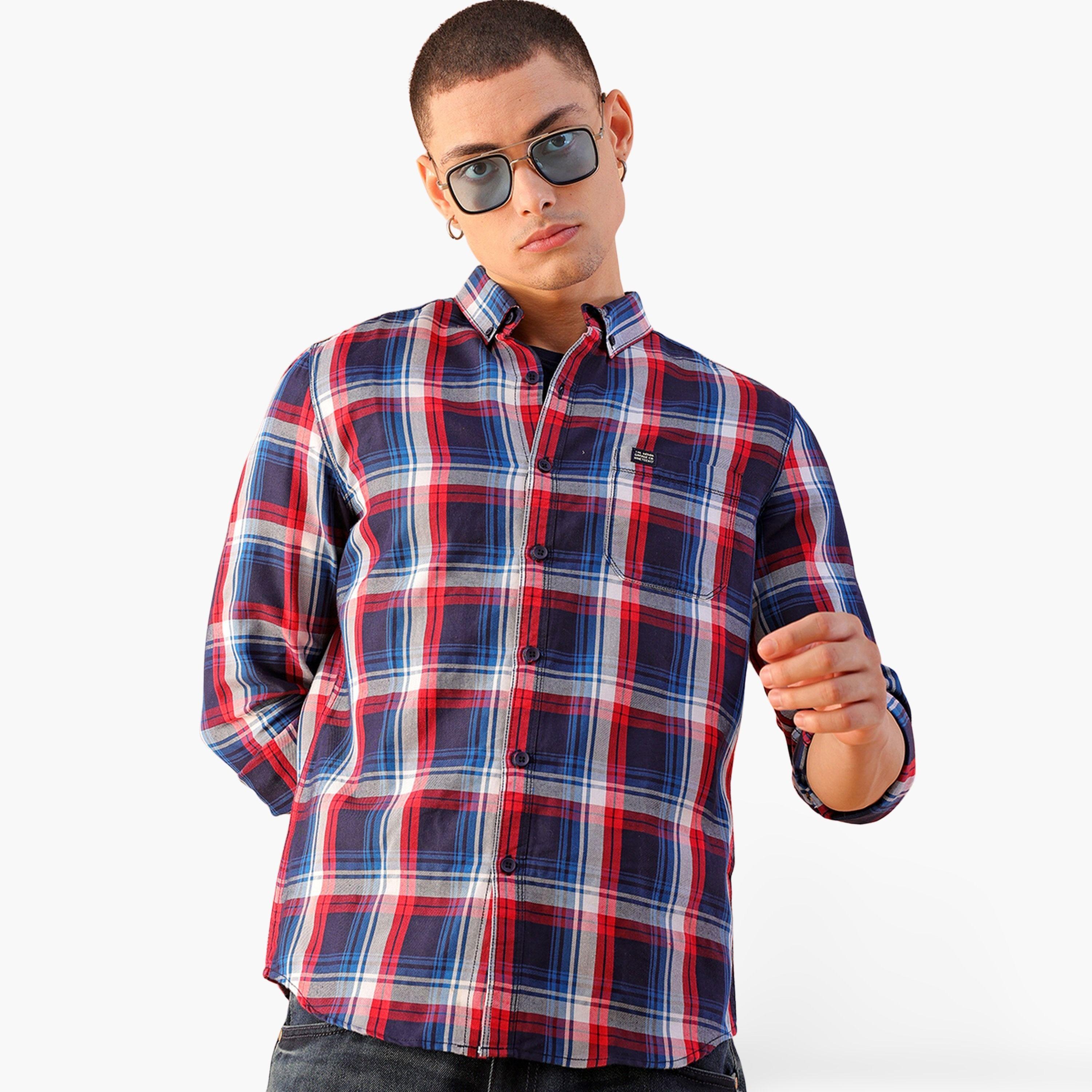 ذا انديان كراج كو × ستايلي - قميص رجالي تصميم نحيف منقوش لون أزرق داكن-men-clothing-shirts-image-1