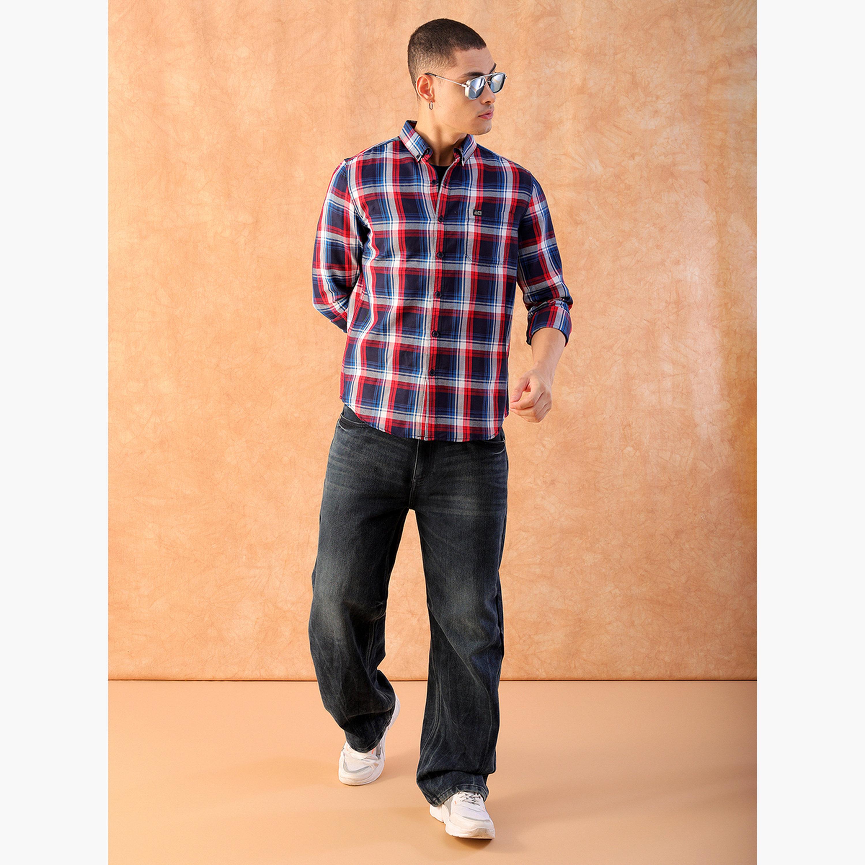 ذا انديان كراج كو × ستايلي - قميص رجالي تصميم نحيف منقوش لون أزرق داكن-men-clothing-shirts-image-2