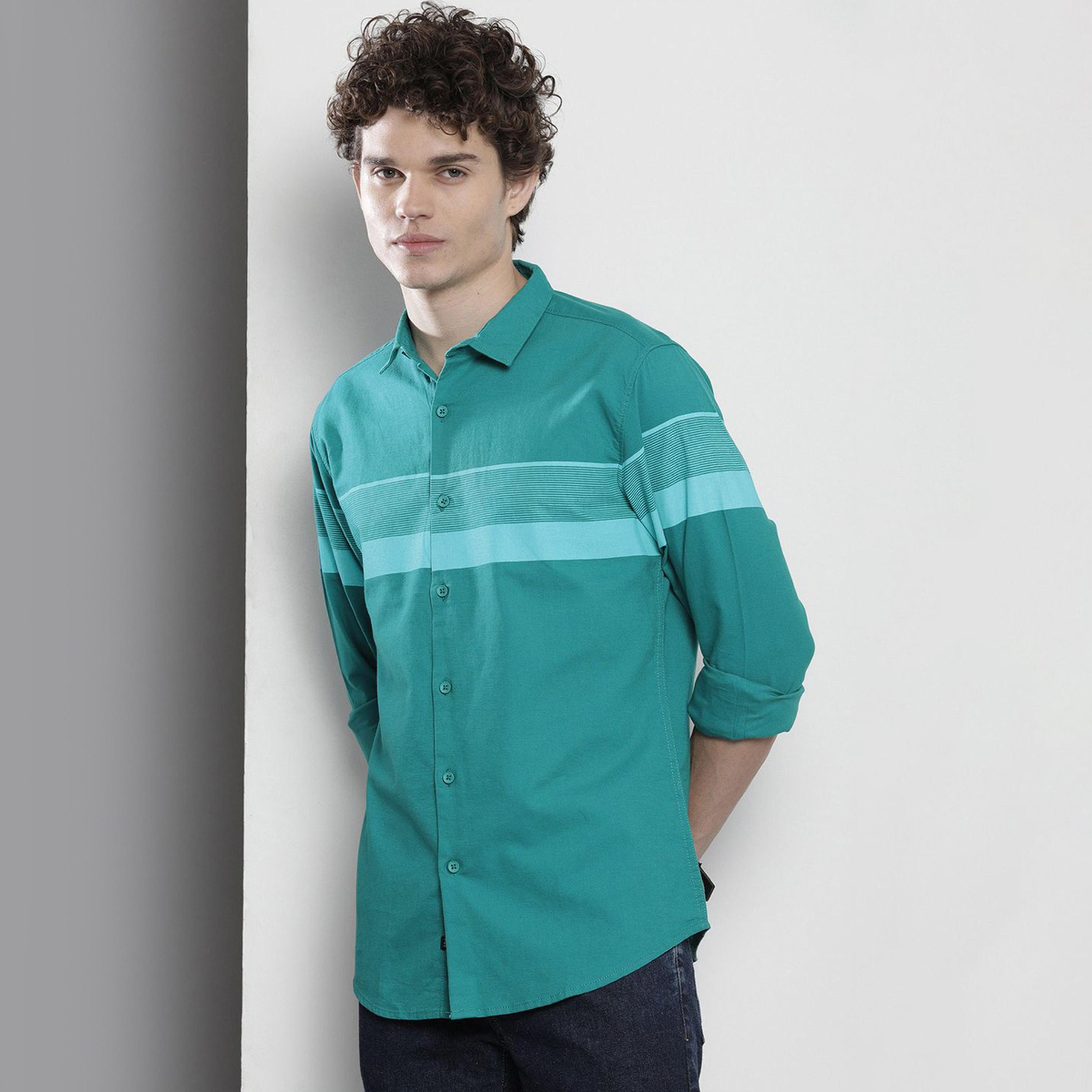 The Indian Garage Co X Styli Men Green Striped Regular Fit Shirt-men-clothing-shirts-image-1