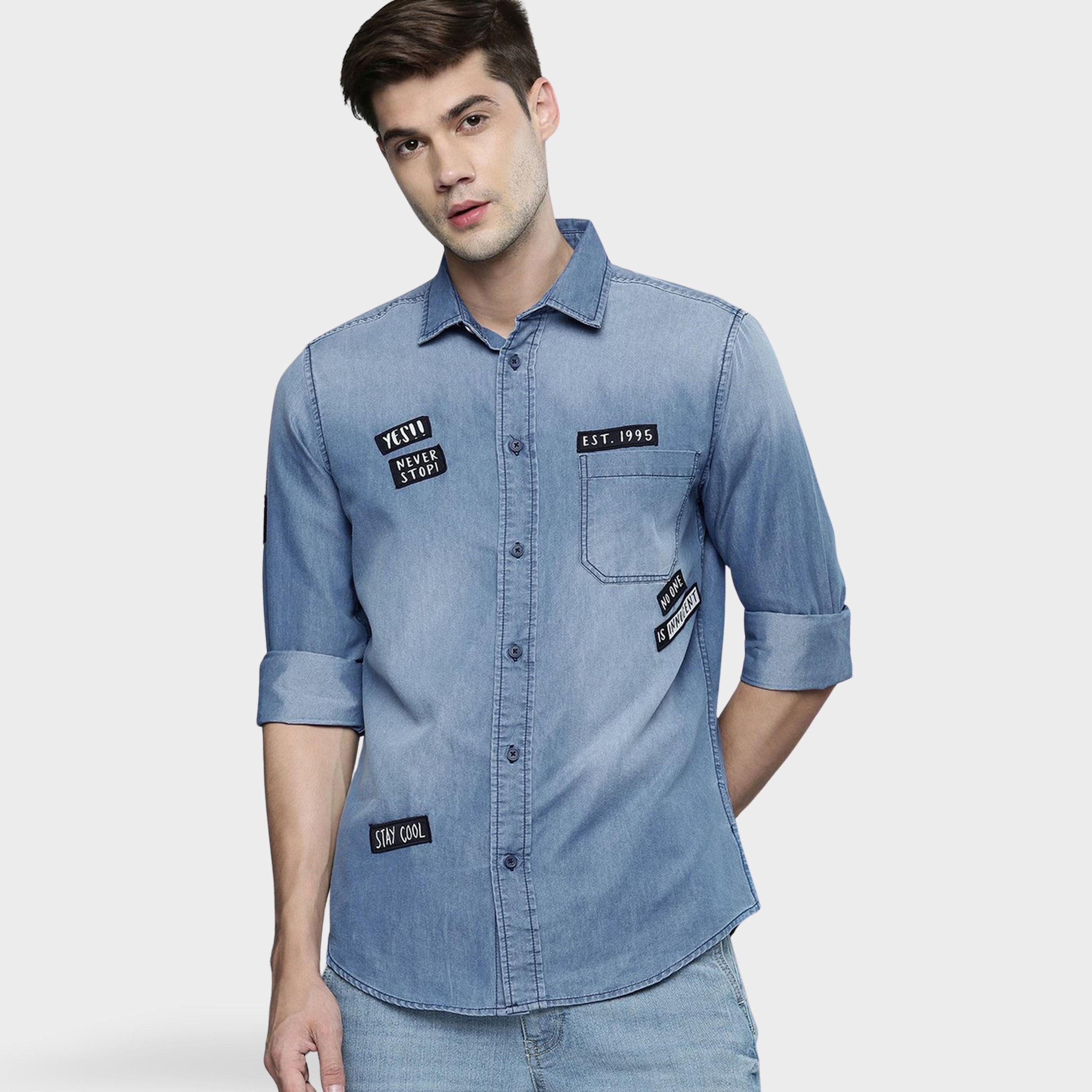 ذا انديان كراج كو × ستايلي - قميص رجالي أزرق كاجوال مع رقع-men-clothing-shirts-image-1