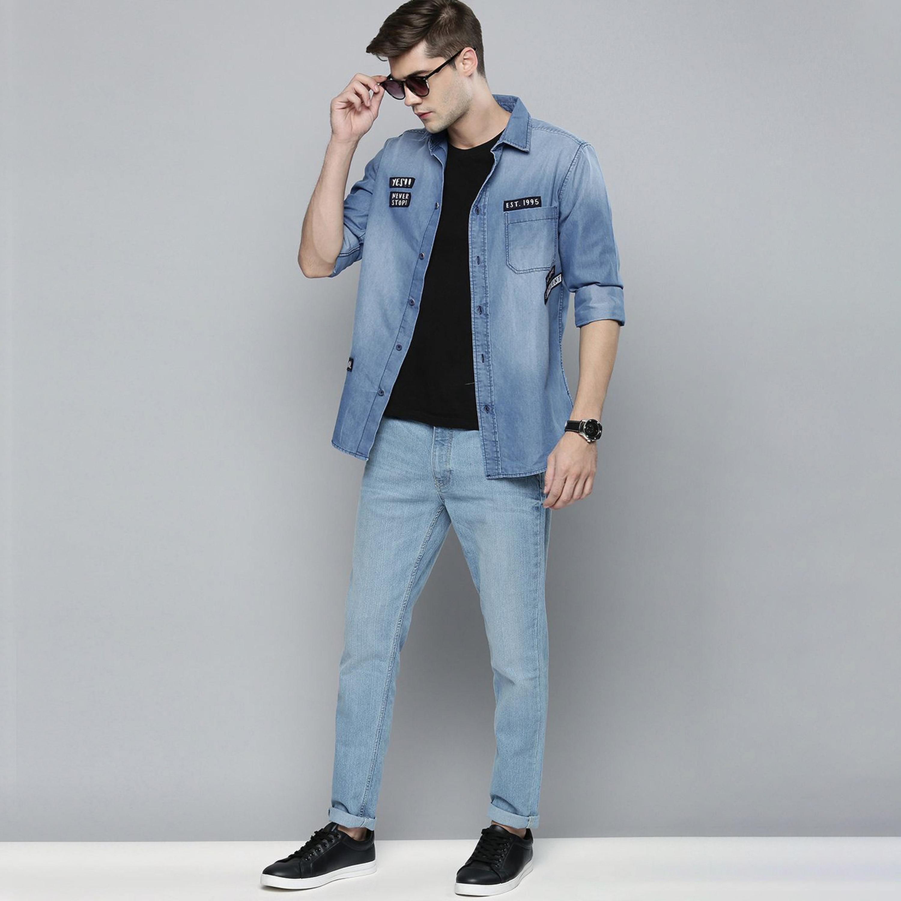 ذا انديان كراج كو × ستايلي - قميص رجالي أزرق كاجوال مع رقع-men-clothing-shirts-image-2