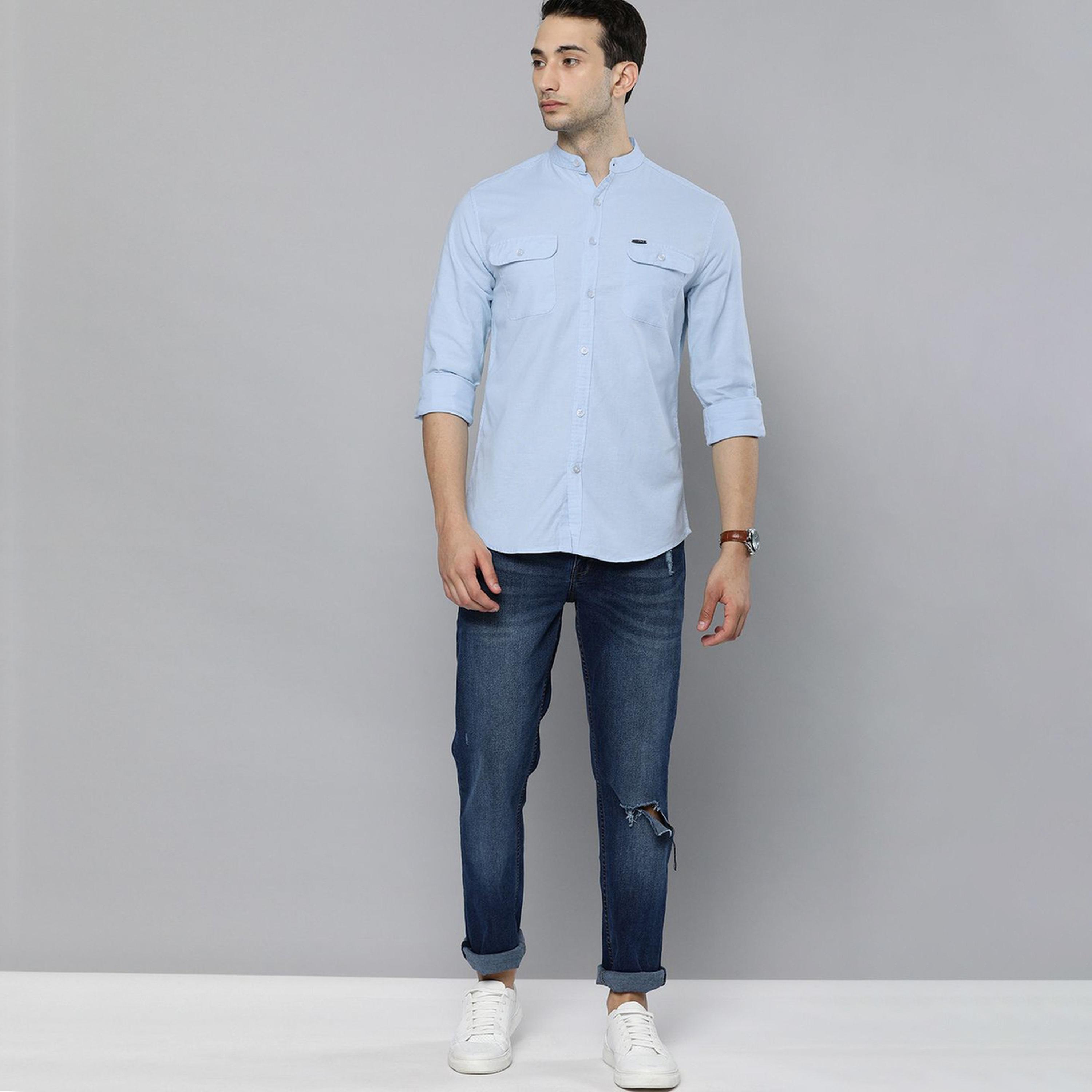 The Indian Garage Co X Styli Men Blue Slim Fit Solid Shirt-men-clothing-shirts-image-2