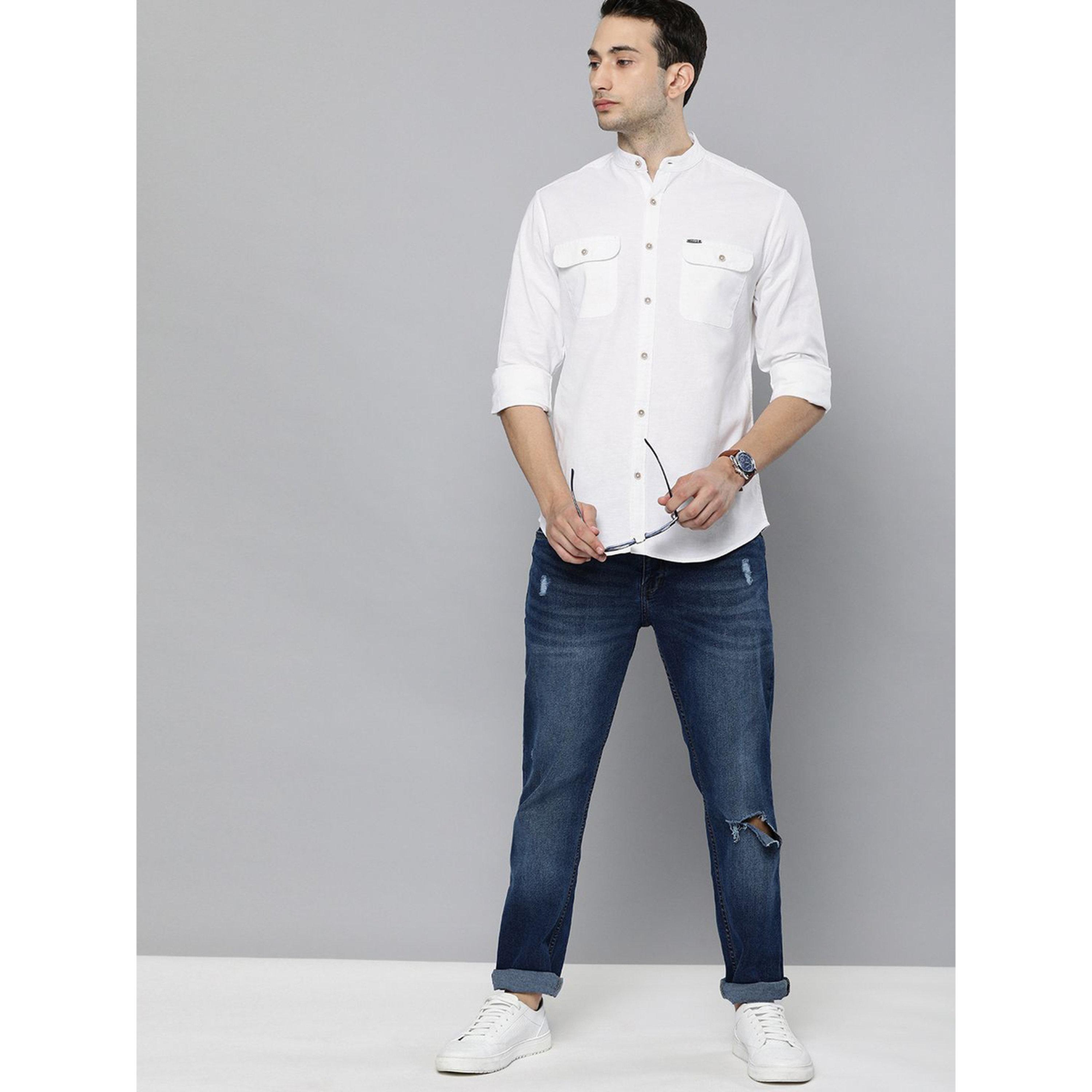 ذا انديان كراج كو × ستايلي - قميص رجالي أبيض بياقة ماندرين تصميم نحيف-men-clothing-shirts-image-2
