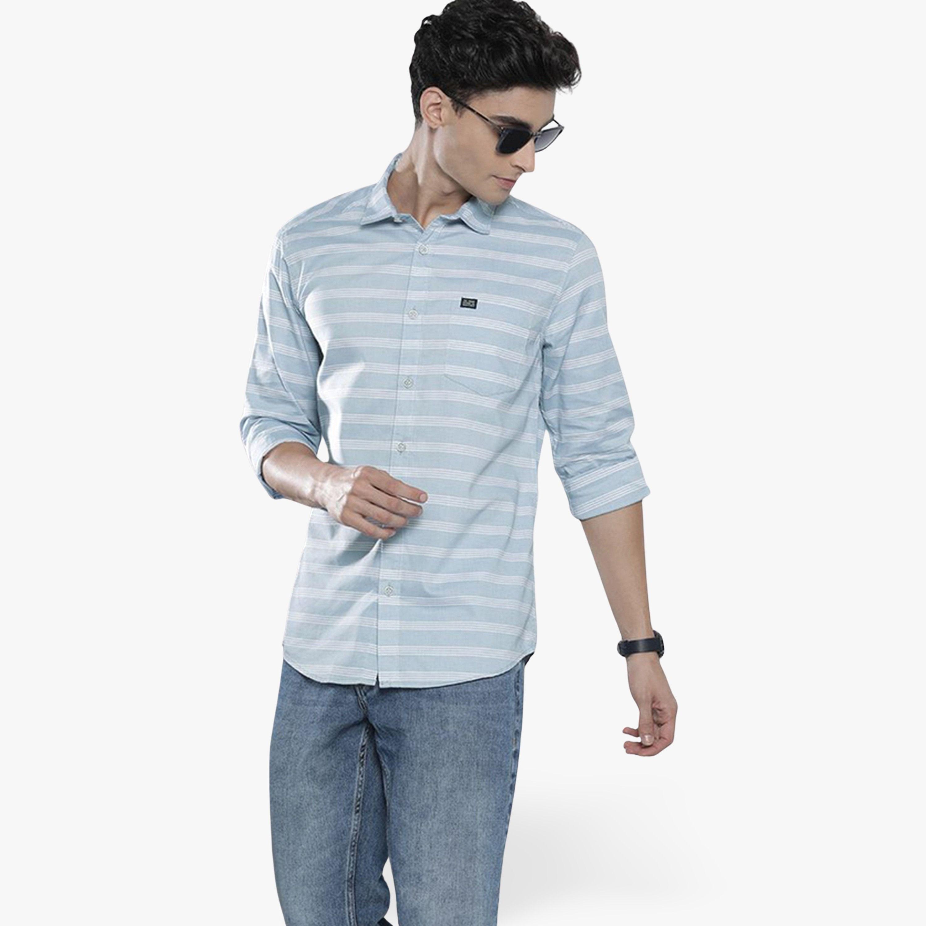 ذا انديان كراج كو × ستايلي - قميص رجالي مخطط تصميم نحيف لون الأزرق-men-clothing-shirts-image-1