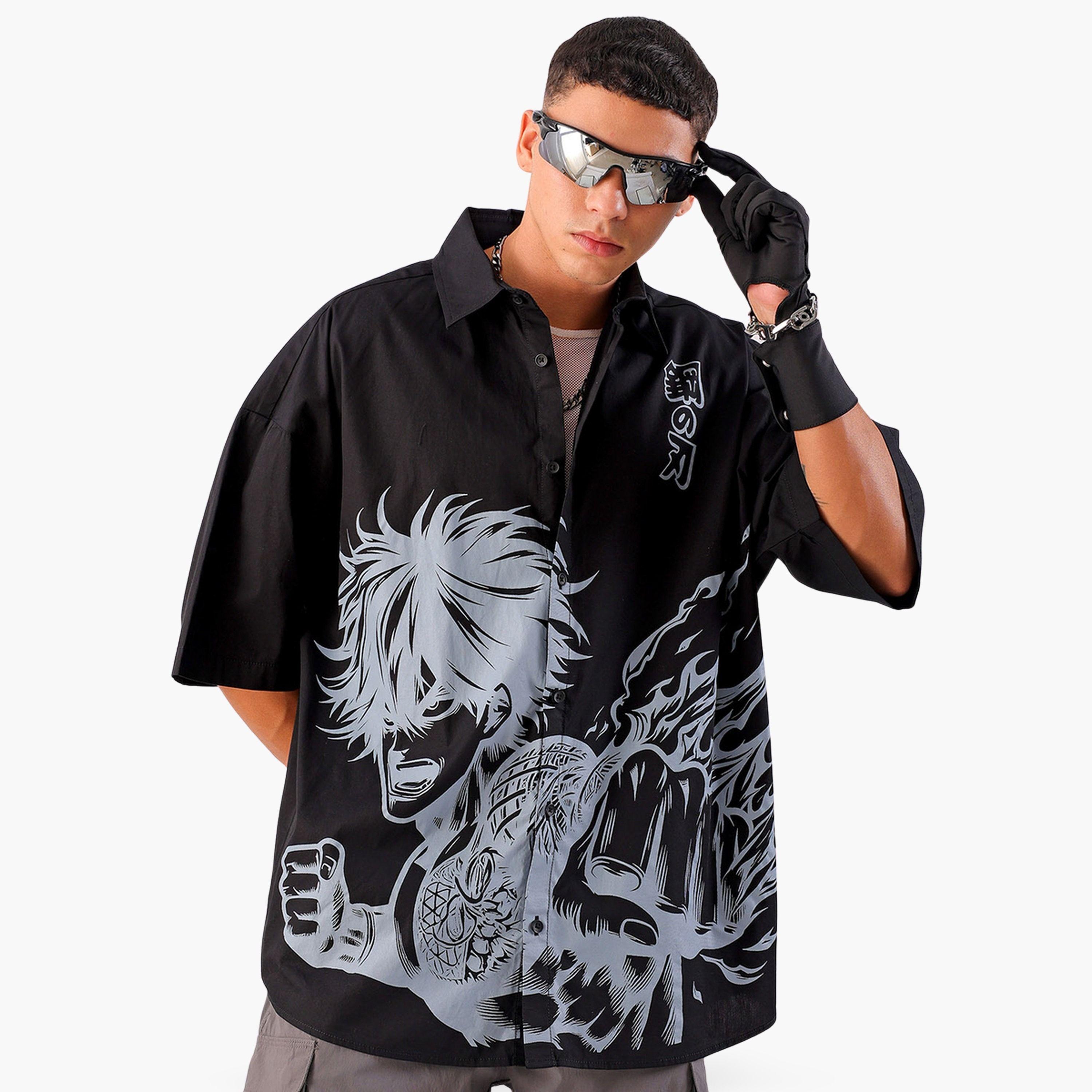 The Indian Garage Co X Styli Men Black Graphic Print Spread Collar Shirt-men-clothing-shirts-image-1