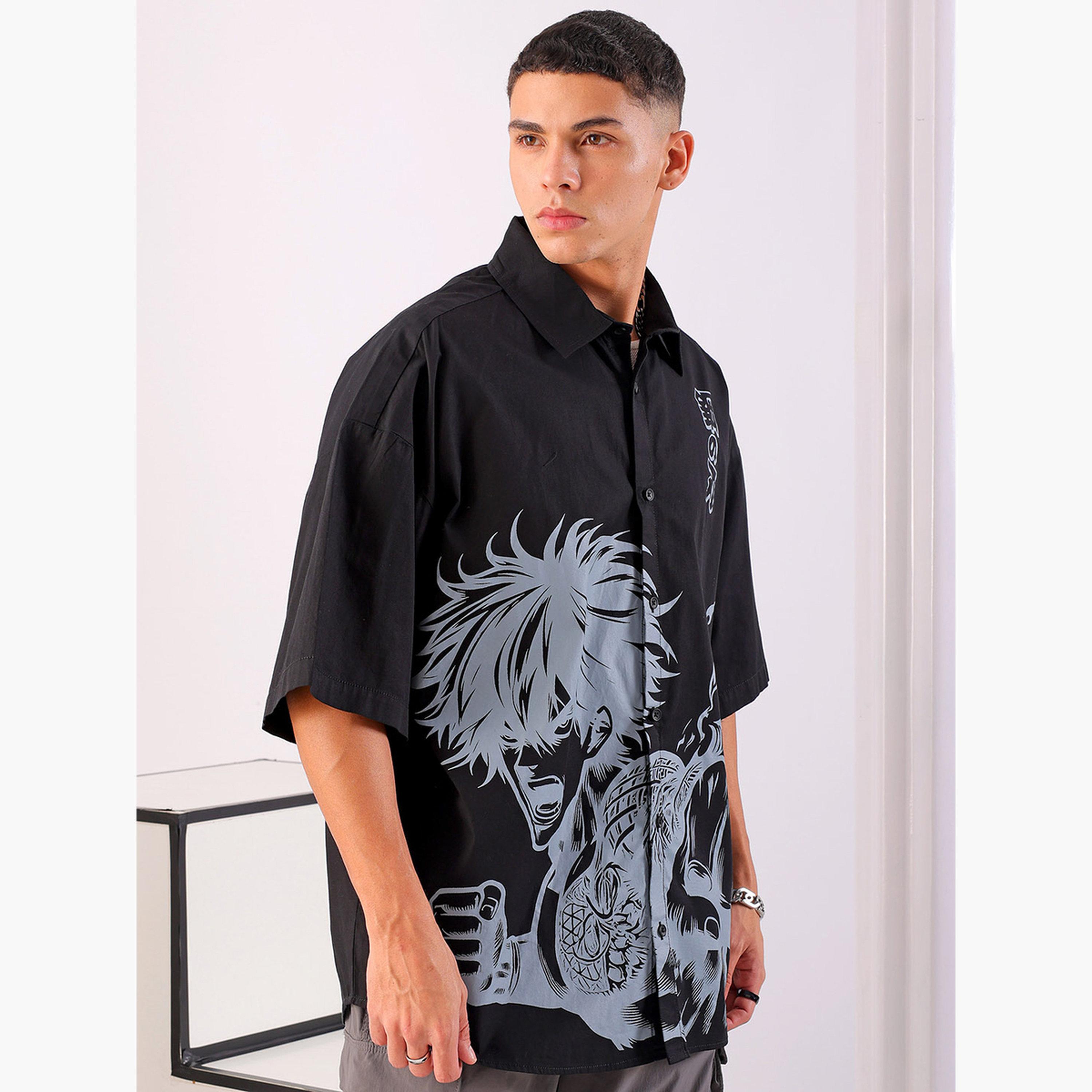 ذا انديان كراج كو × ستايلي - قميص رجالي أسود بطبعة غرافيكية وياقة واسعة-men-clothing-shirts-image-4