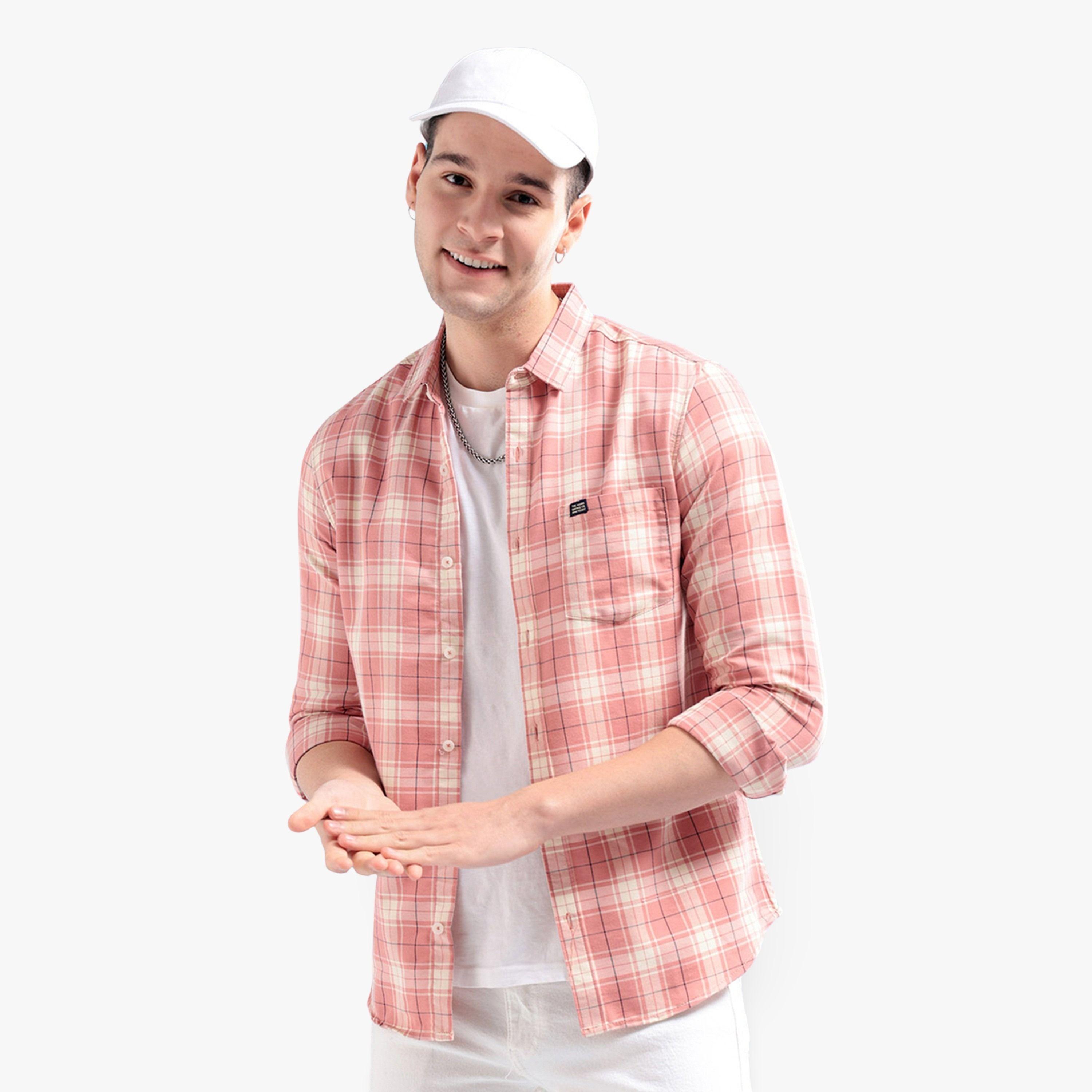 ذا انديان كراج كو × ستايلي - قميص رجالي بطبعة مربعات لون وردي-men-clothing-shirts-image-1