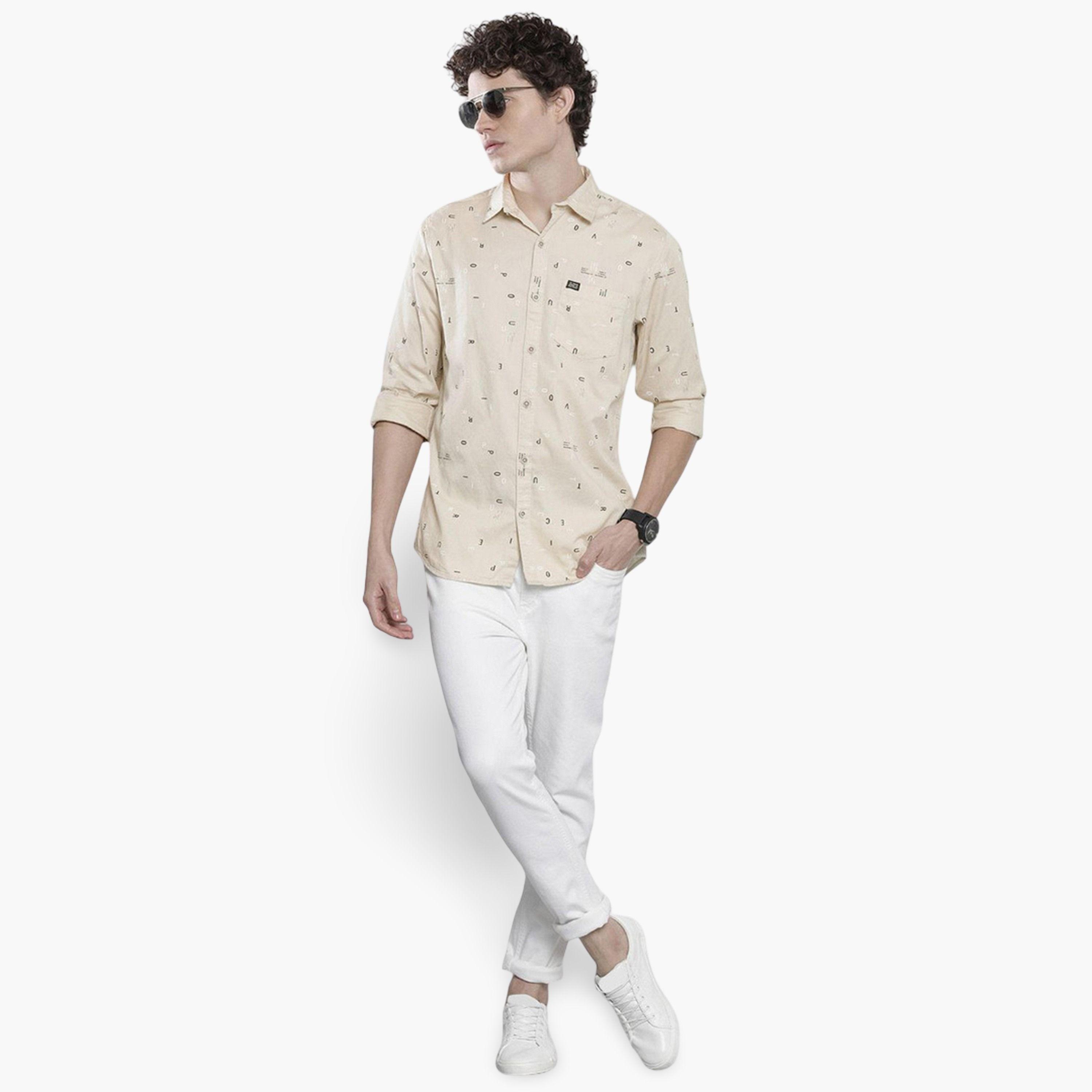 ذا انديان كراج كو × ستايلي - قميص رجالي تصميم عادي ببطبعة لون كريمي-men-clothing-shirts-image-2