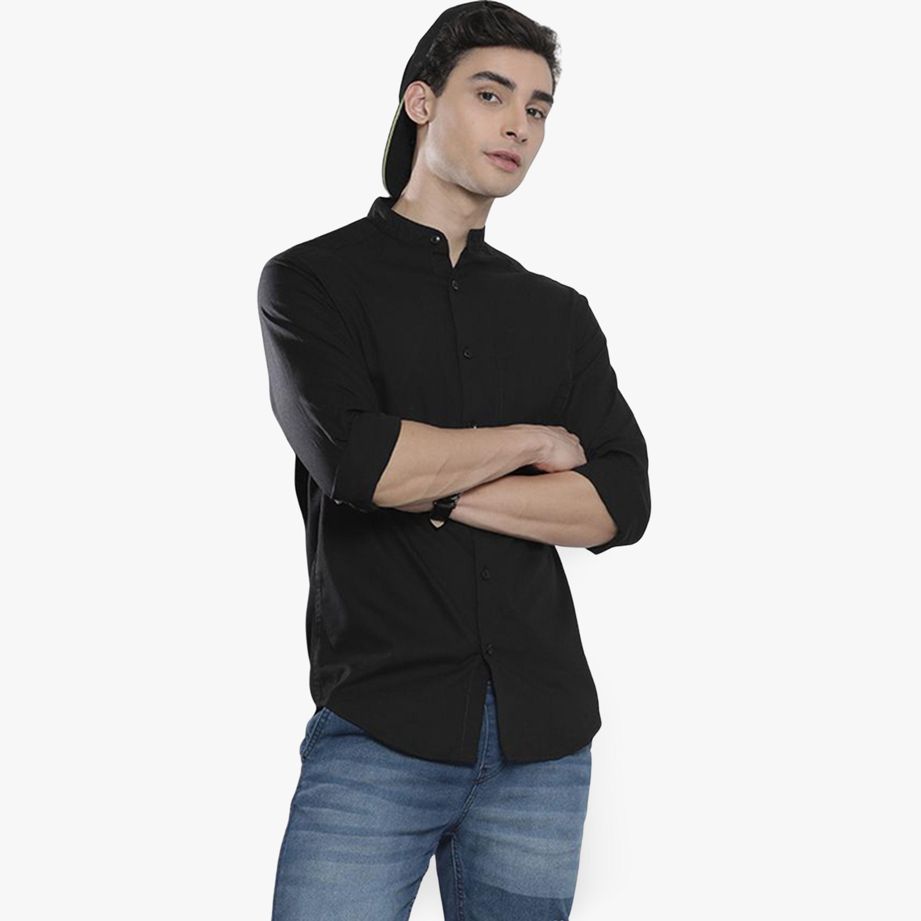 The Indian Garage Co X Styli Men Black Mandarin Collar Shirt-men-clothing-shirts-image-1