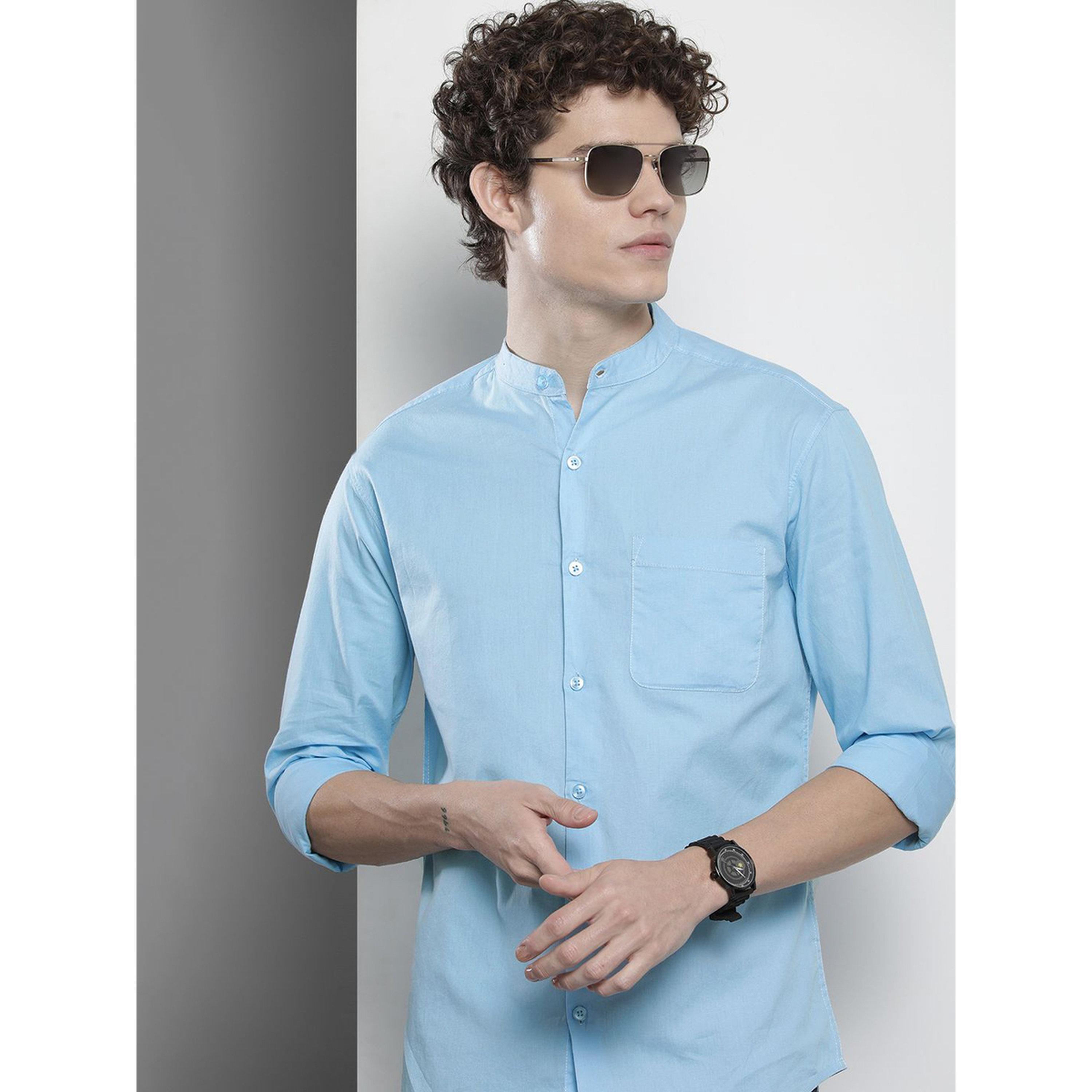 ذا انديان كراج كو × ستايلي - قميص رجالي أزرق سماوي بياقة ماندرين-men-clothing-shirts-image-2