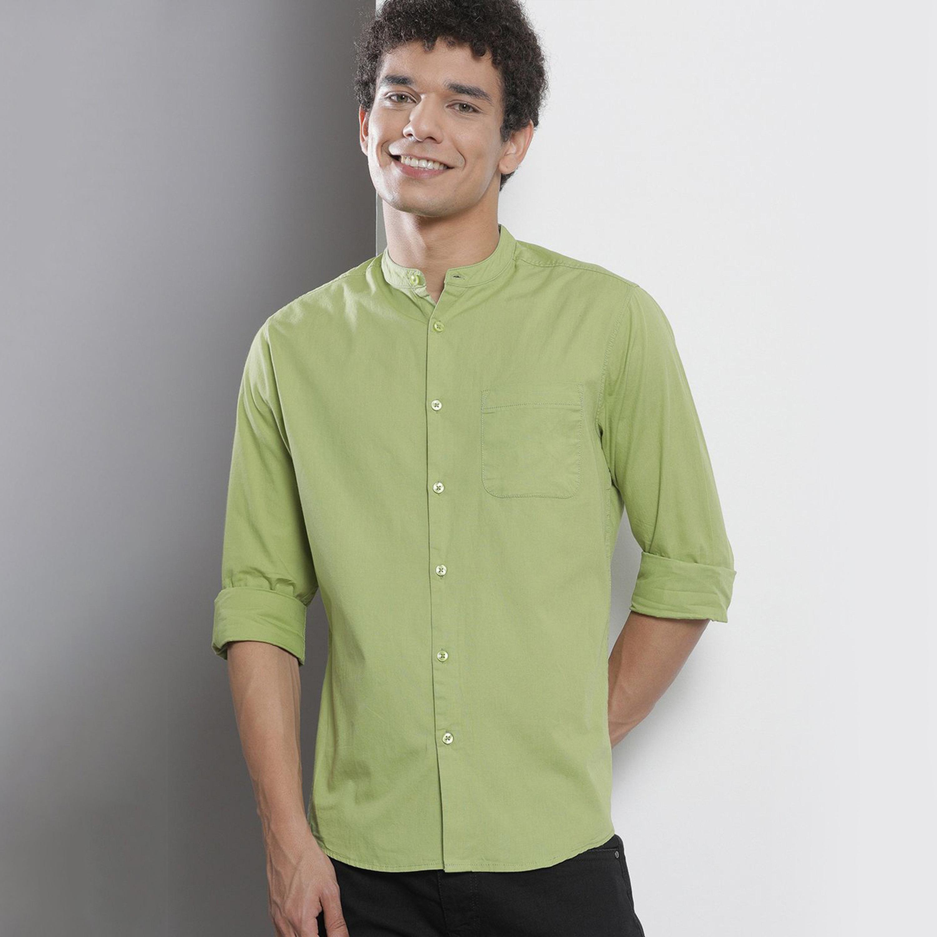 ذا انديان كراج كو × ستايلي - قميص رجالي بياقة ماندرين لون أخضر-men-clothing-shirts-image-1