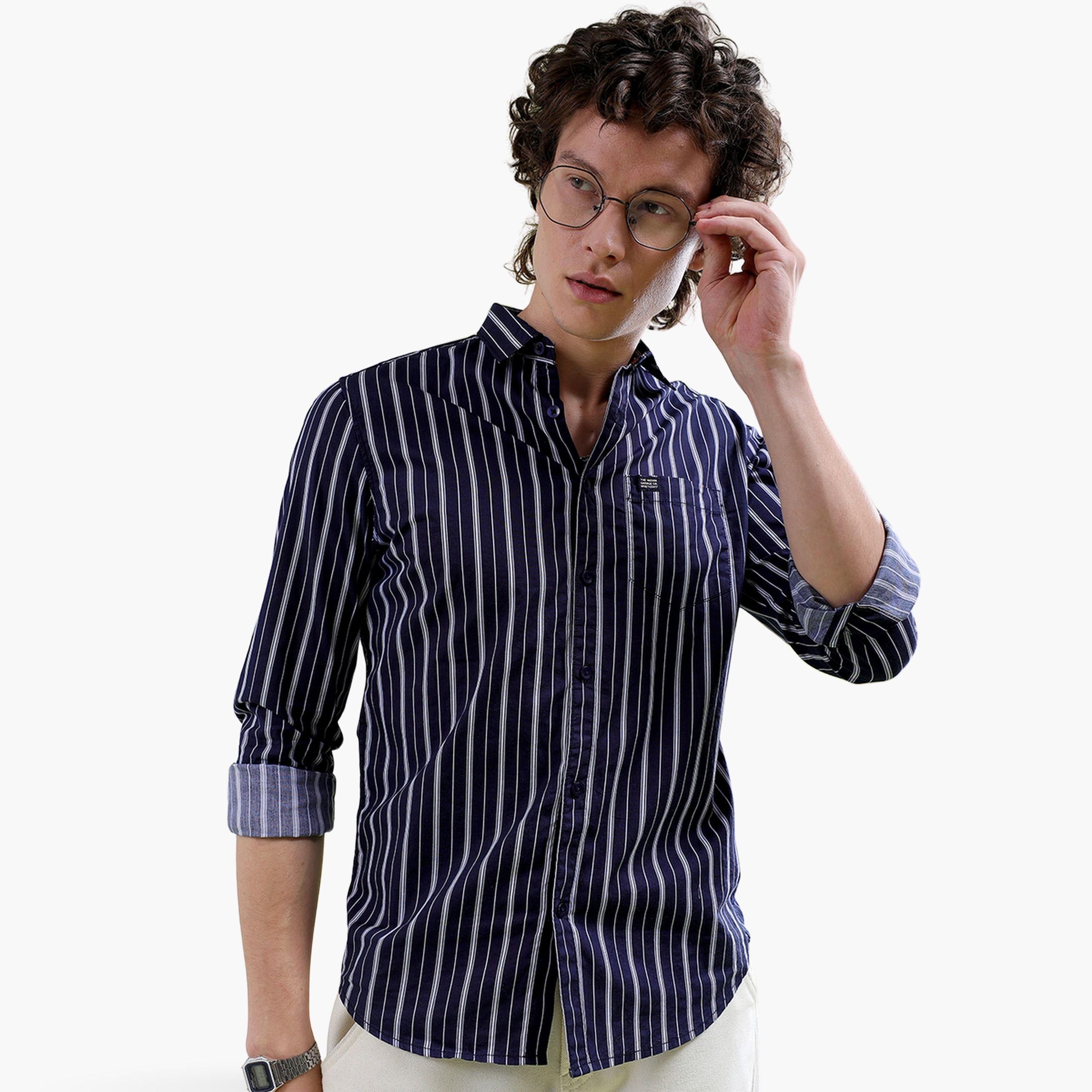 The Indian Garage Co X Styli Men Navy Blue Striped Spread Collar Shirt-men-clothing-shirts-image-1