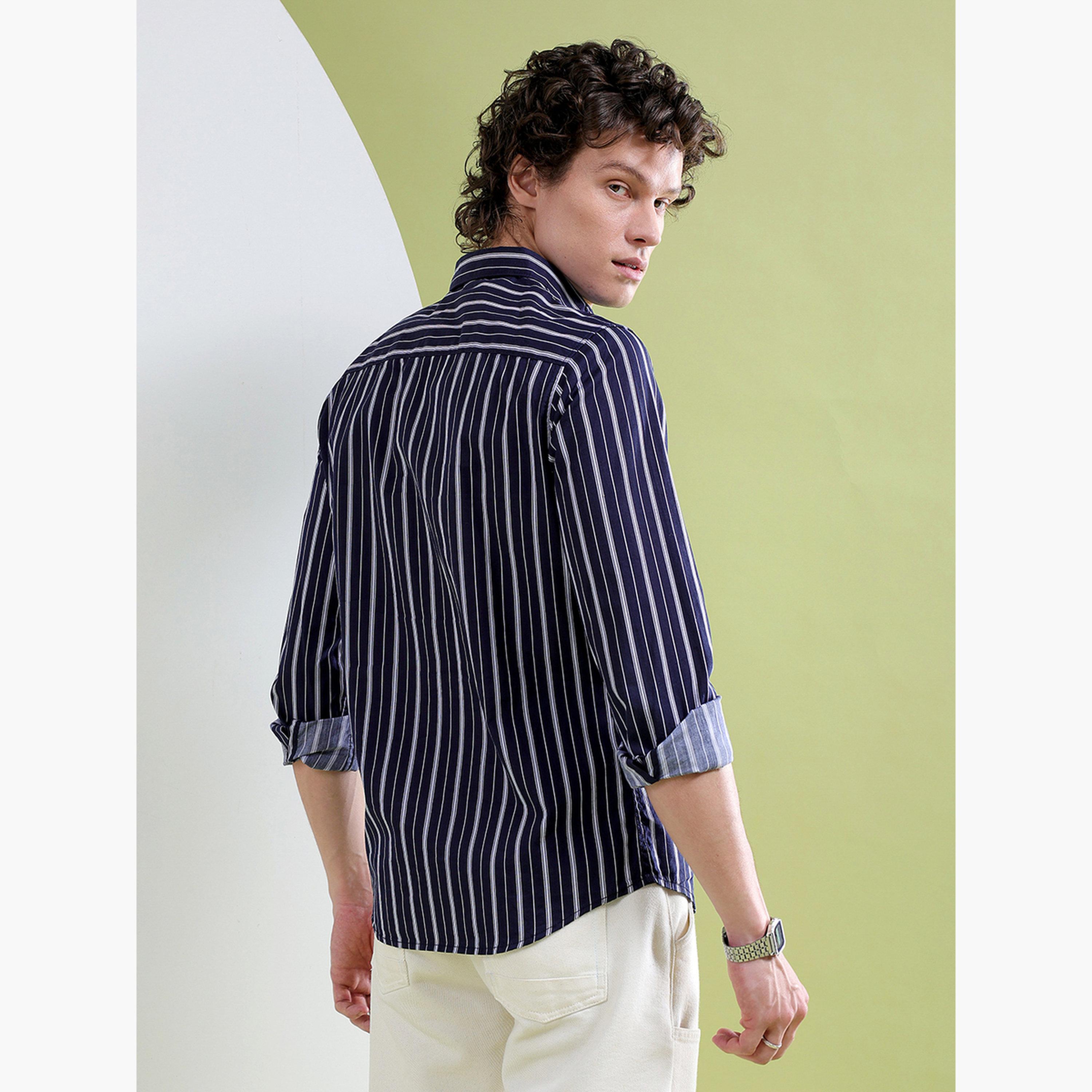 The Indian Garage Co X Styli Men Navy Blue Striped Spread Collar Shirt-men-clothing-shirts-image-3