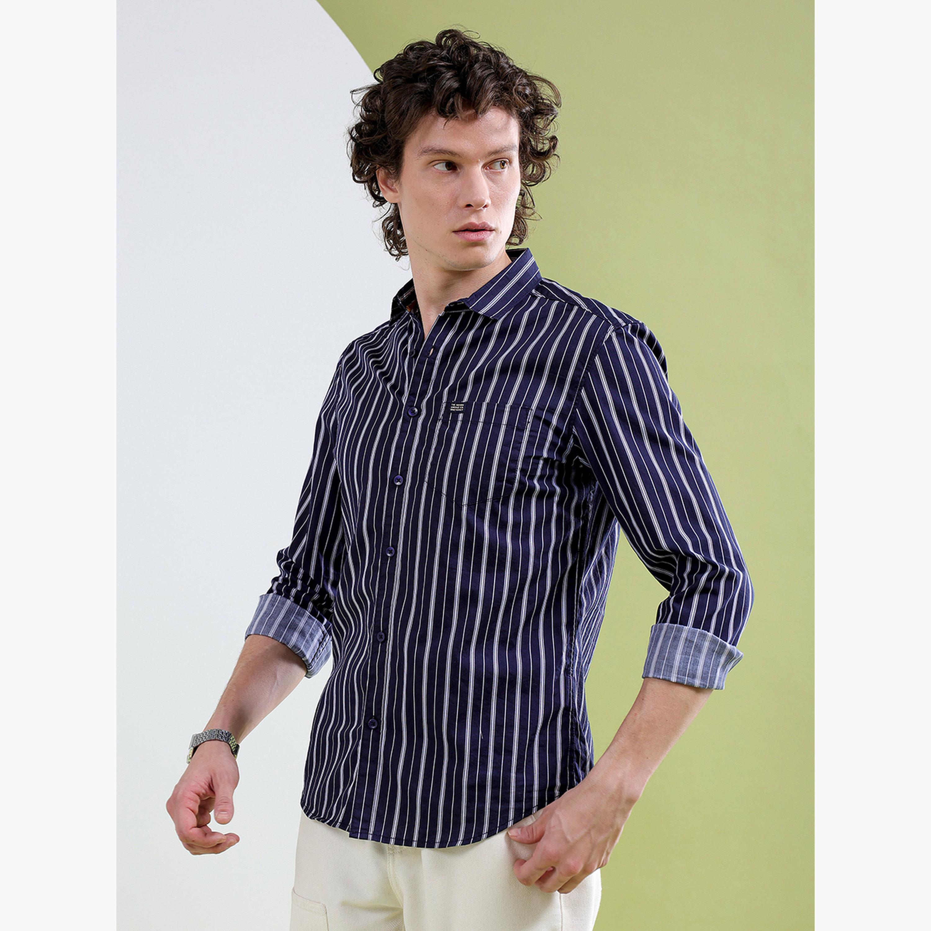 ذا انديان كراج كو × ستايلي - قميص رجالي مخطط ياقة واسعة لون أزرق داكن-men-clothing-shirts-image-4