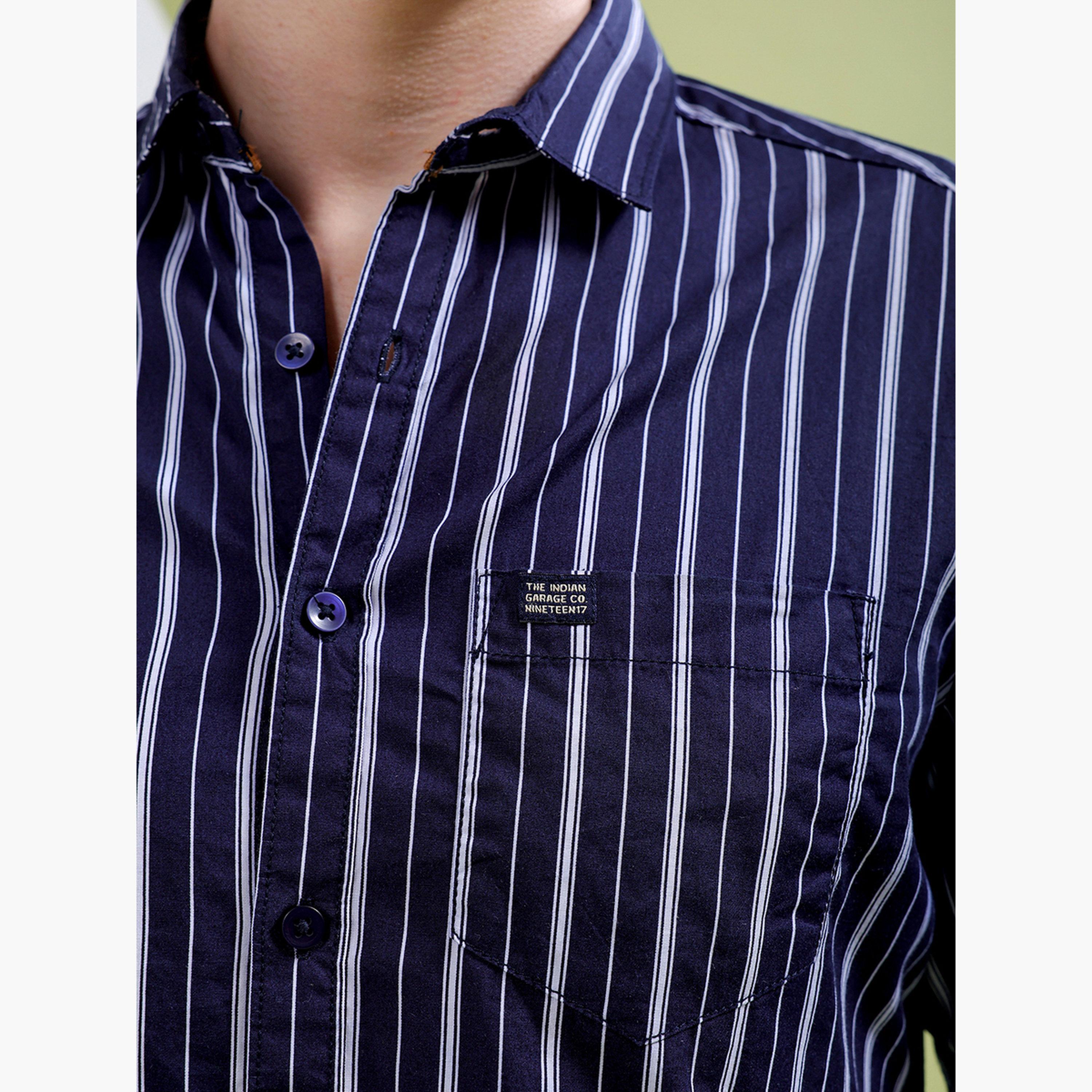 ذا انديان كراج كو × ستايلي - قميص رجالي مخطط ياقة واسعة لون أزرق داكن-men-clothing-shirts-image-5