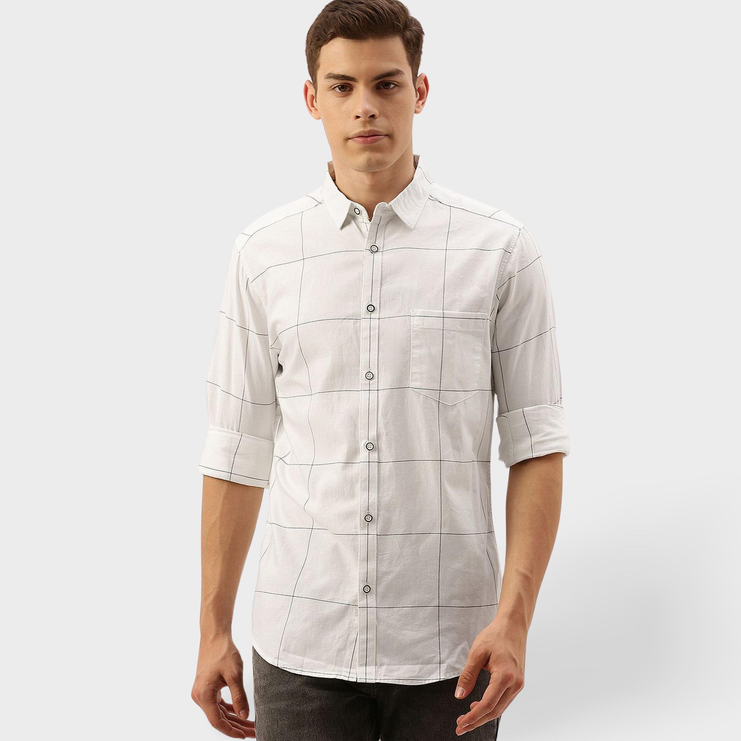 ذا انديان كراج كو × ستايلي - قميص رجالي تصميم نحيف منقوش لون أبيض-men-clothing-shirts-image-1