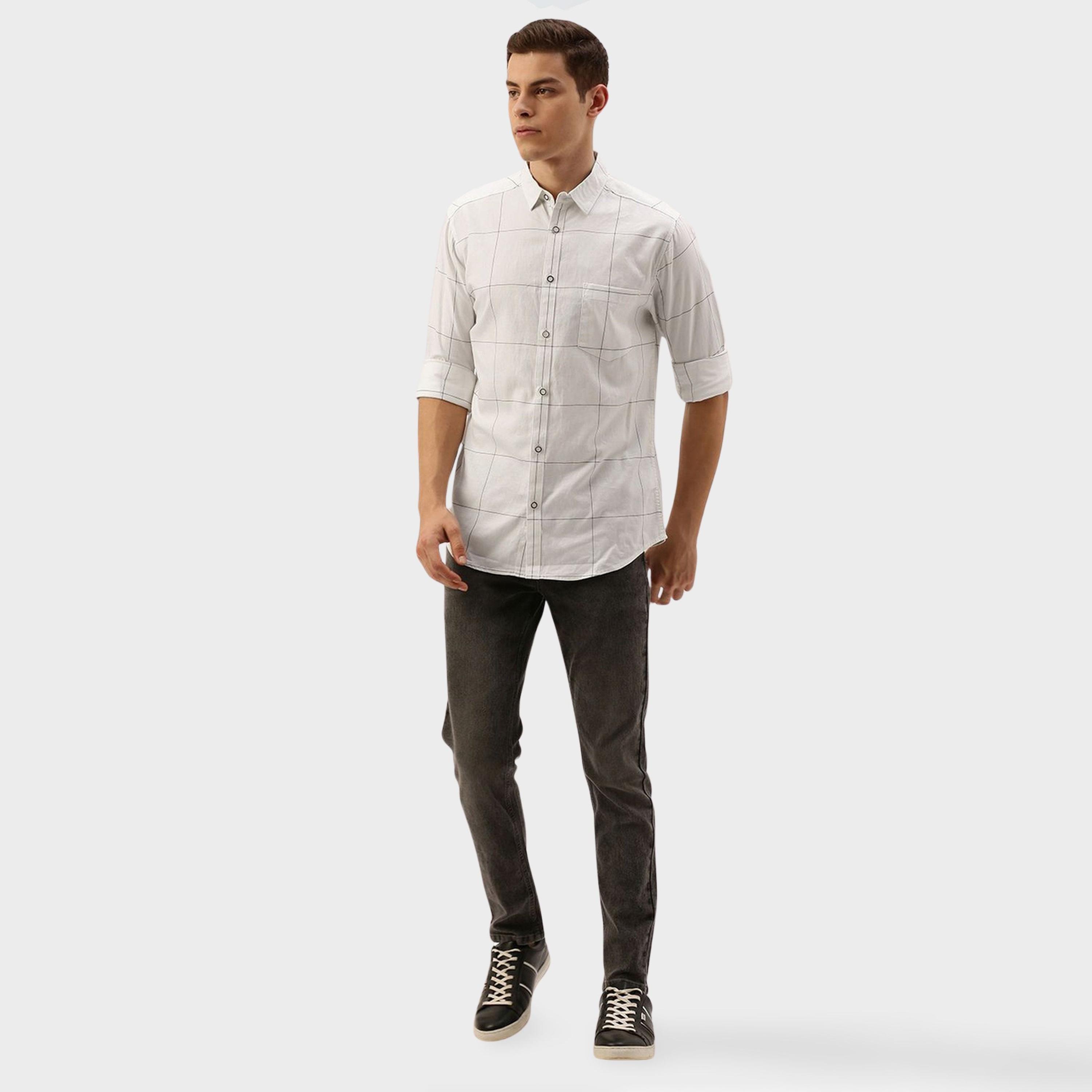 ذا انديان كراج كو × ستايلي - قميص رجالي تصميم نحيف منقوش لون أبيض-men-clothing-shirts-image-2