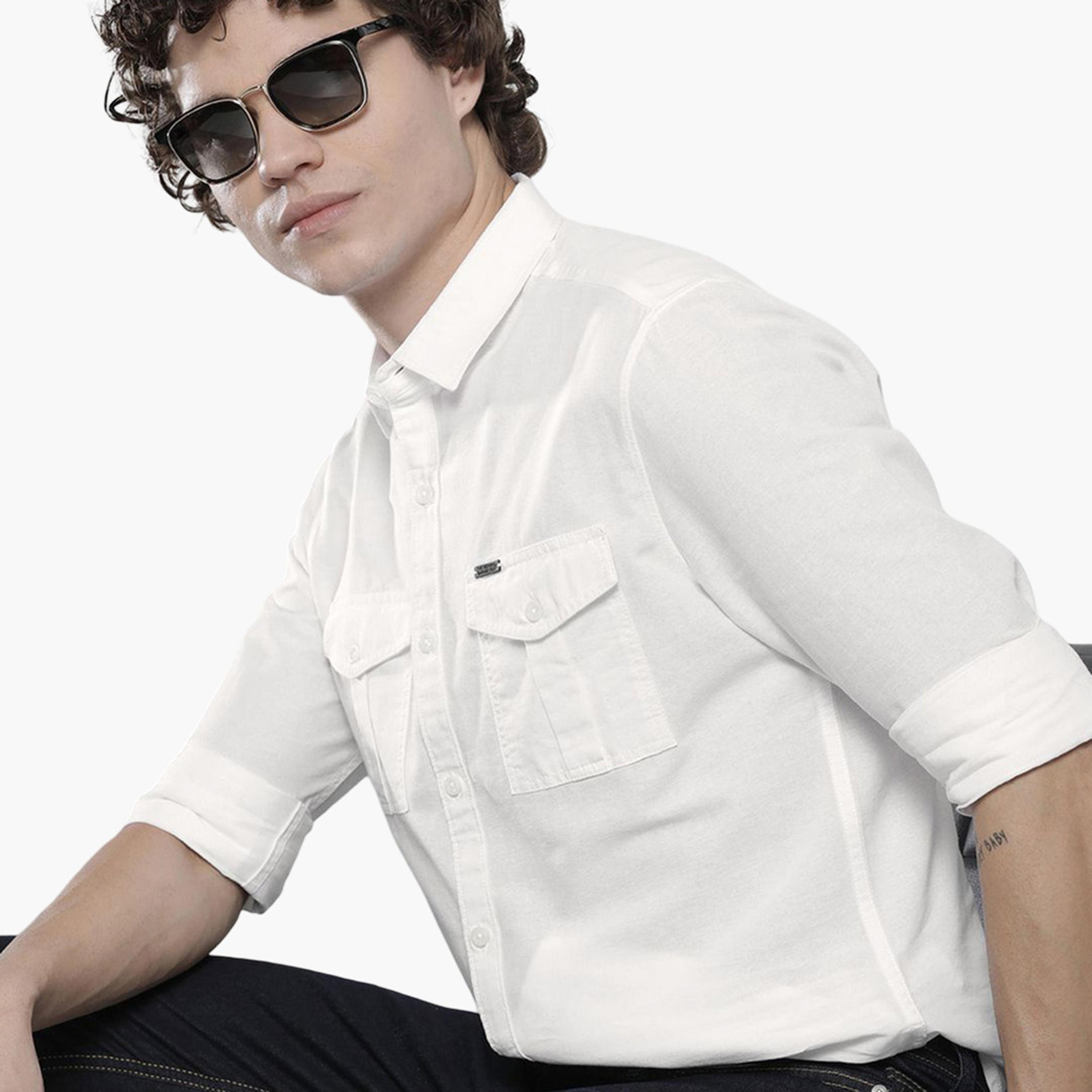 ذا انديان كراج كو × ستايلي - قميص رجالي سادة بياقة واسعة لون أبيض-men-clothing-shirts-image-6
