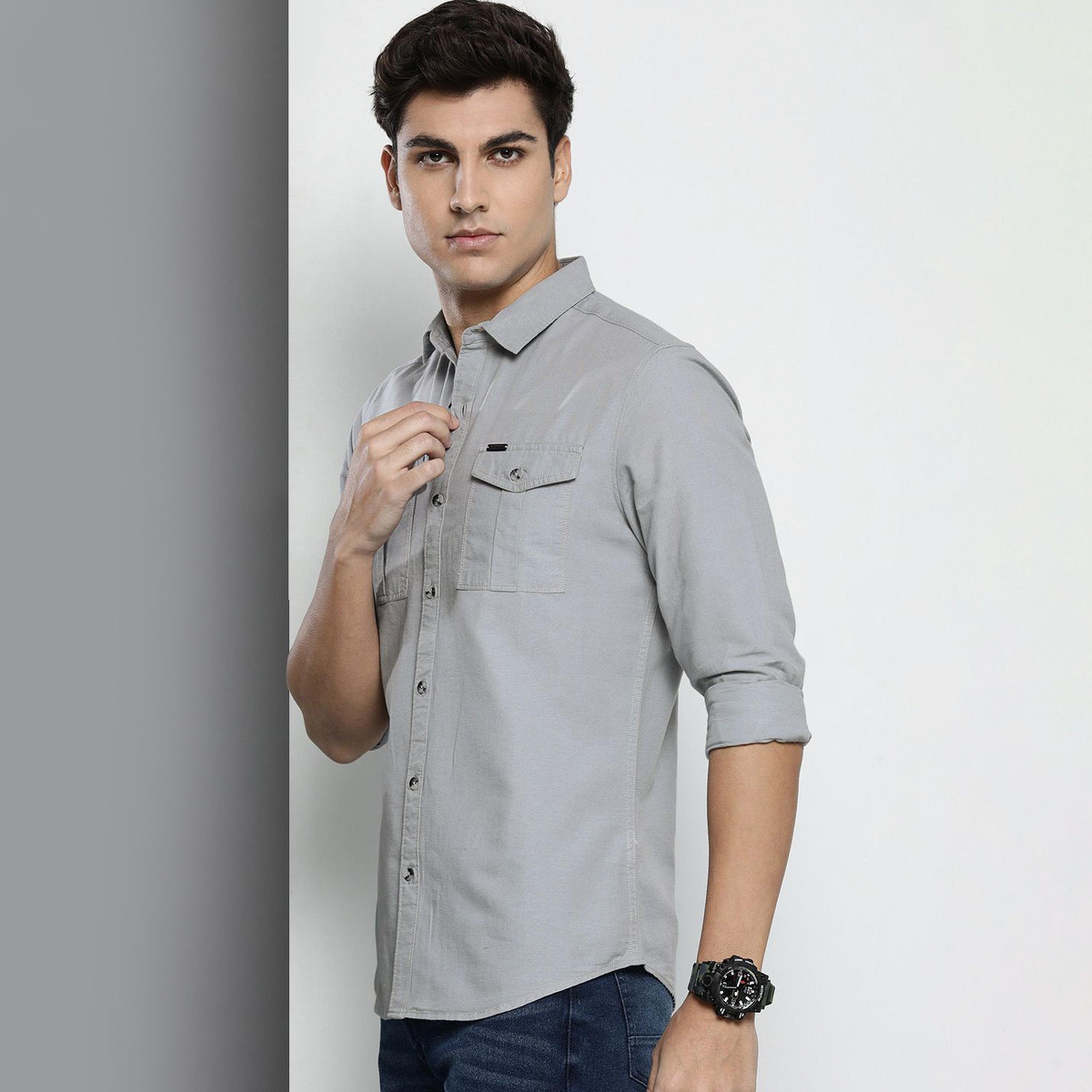 The Indian Garage Co X Styli Men Grey Solid Spread Collar Shirt-men-clothing-shirts-image-1