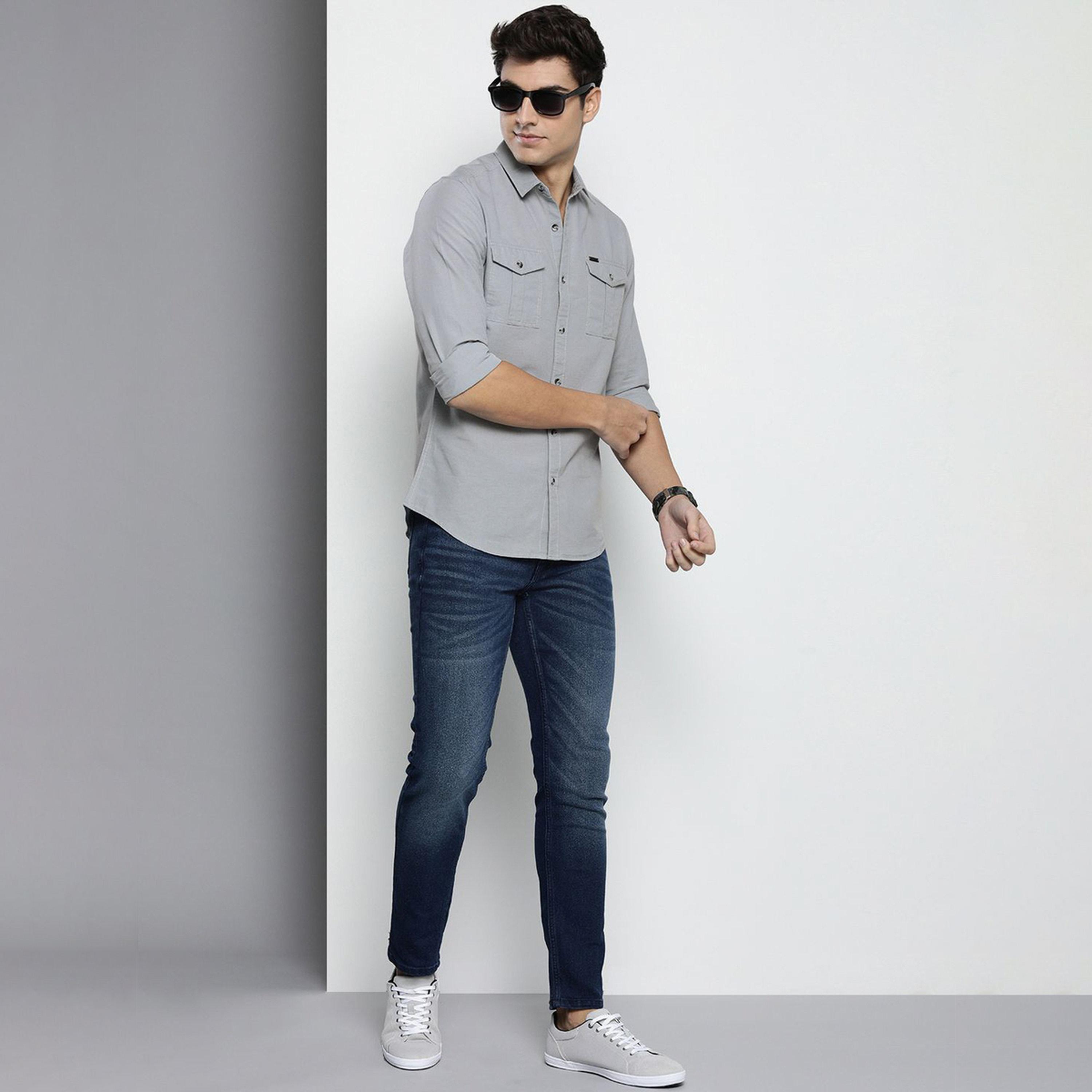 ذا انديان كراج كو × ستايلي - قميص رجالي رمادي سادة بياقة واسعة-men-clothing-shirts-image-2