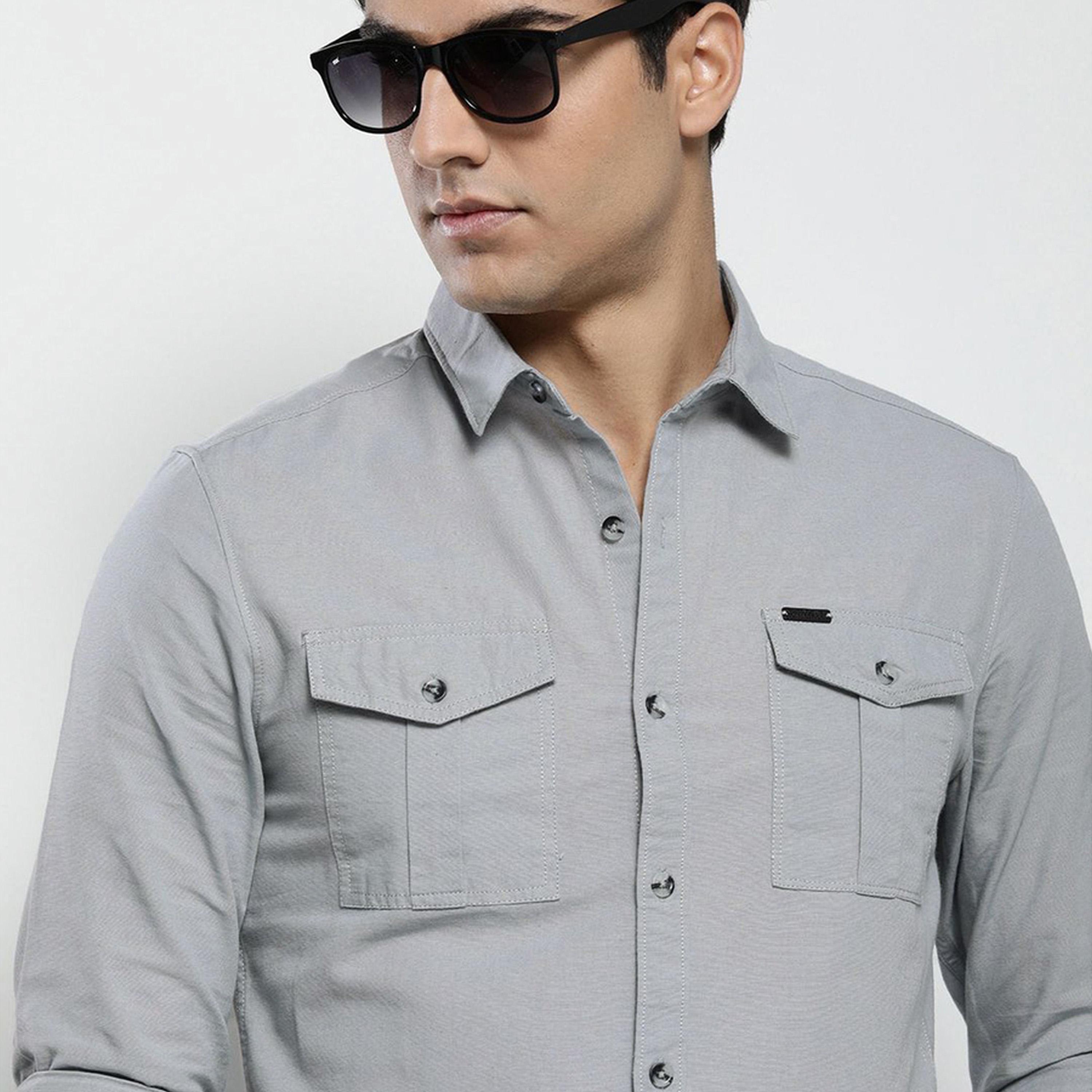 The Indian Garage Co X Styli Men Grey Solid Spread Collar Shirt-men-clothing-shirts-image-4