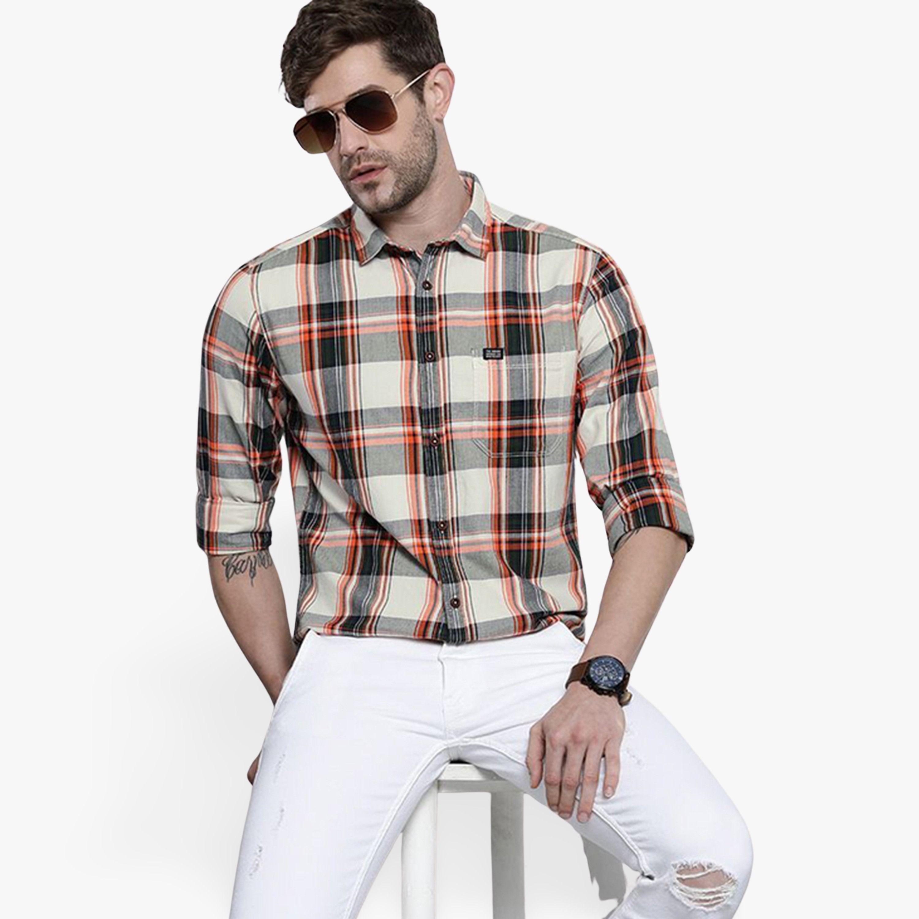 ذا انديان كراج كو × ستايلي - قميص رجالي تصميم نحيف منقوش لون كريمي-men-clothing-shirts-image-1