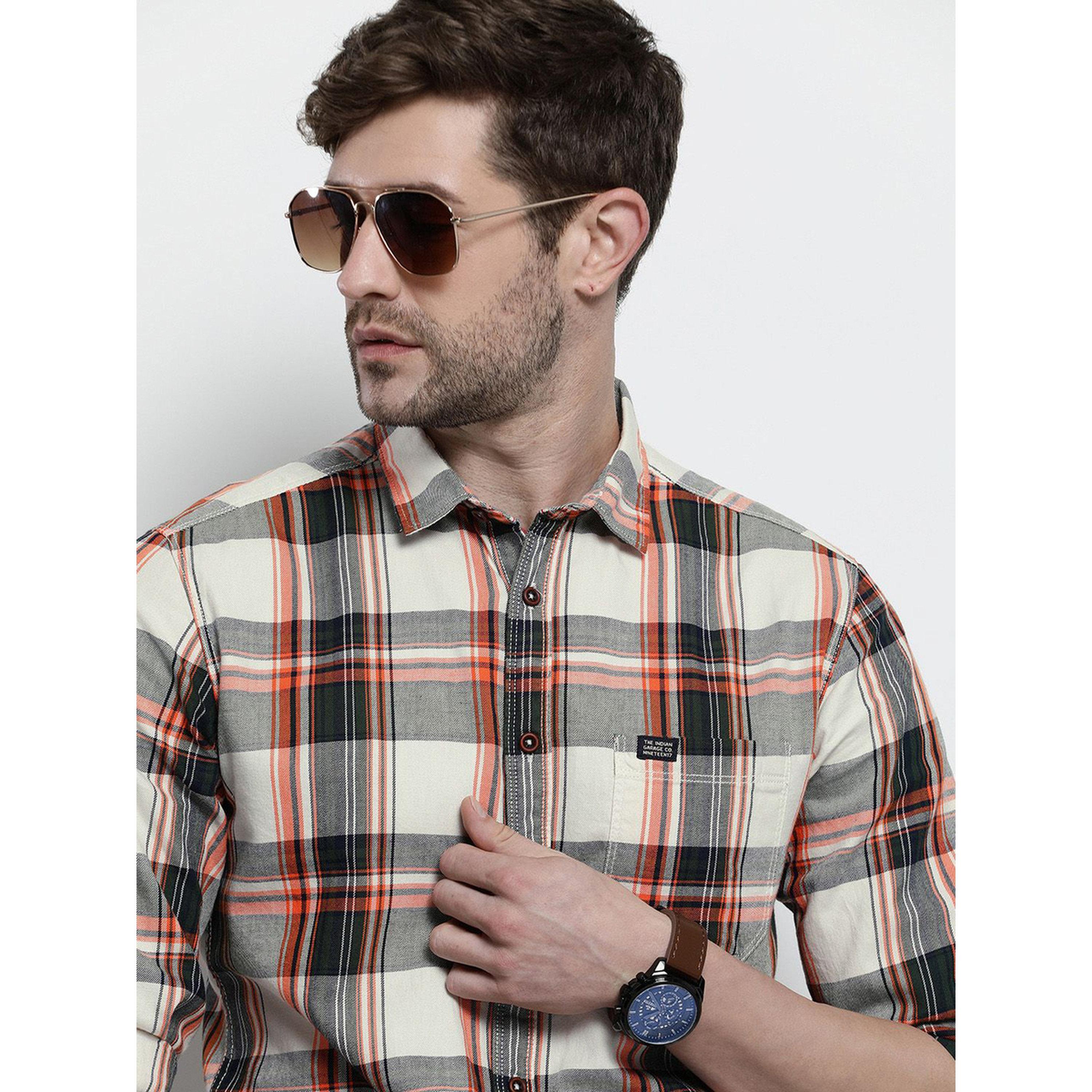 ذا انديان كراج كو × ستايلي - قميص رجالي تصميم نحيف منقوش لون كريمي-men-clothing-shirts-image-2