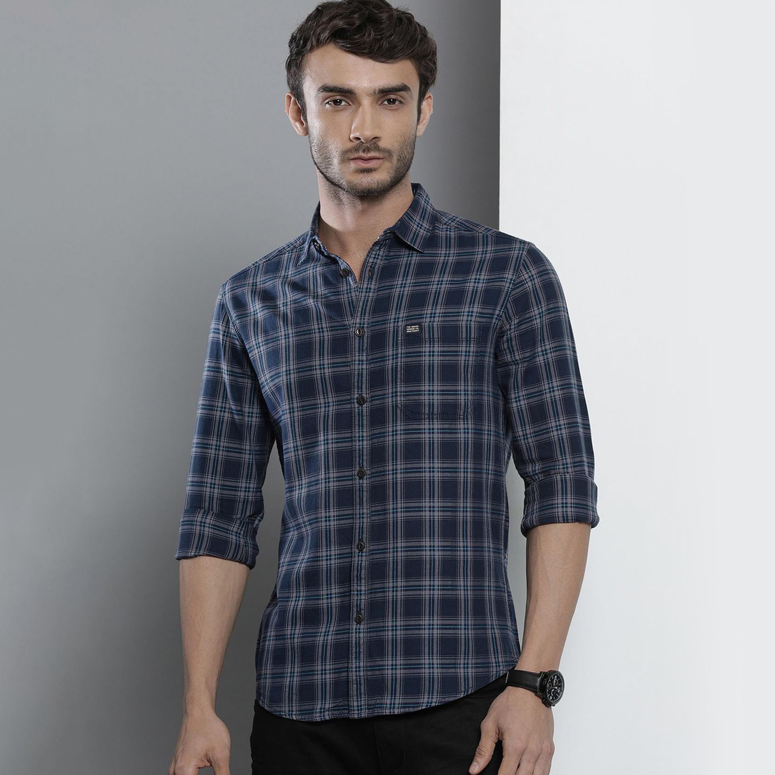 The Indian Garage Co X Styli Navy Blue Checked Slim Fit Shirt-men-clothing-shirts-image-1