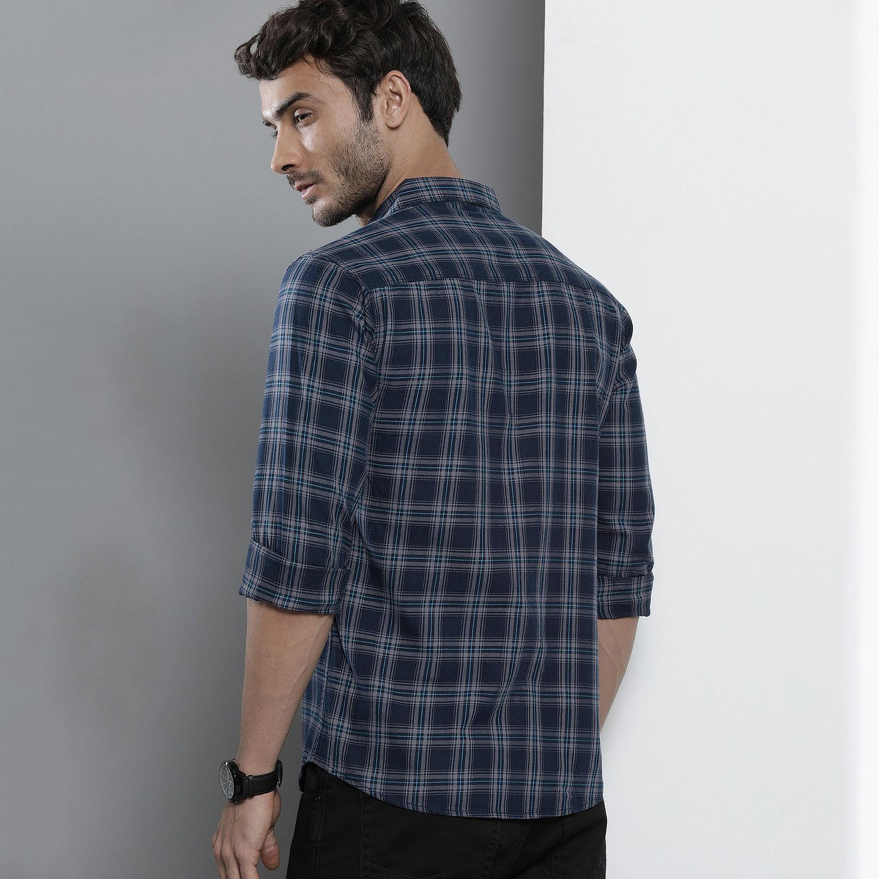 The Indian Garage Co X Styli Navy Blue Checked Slim Fit Shirt-men-clothing-shirts-image-4