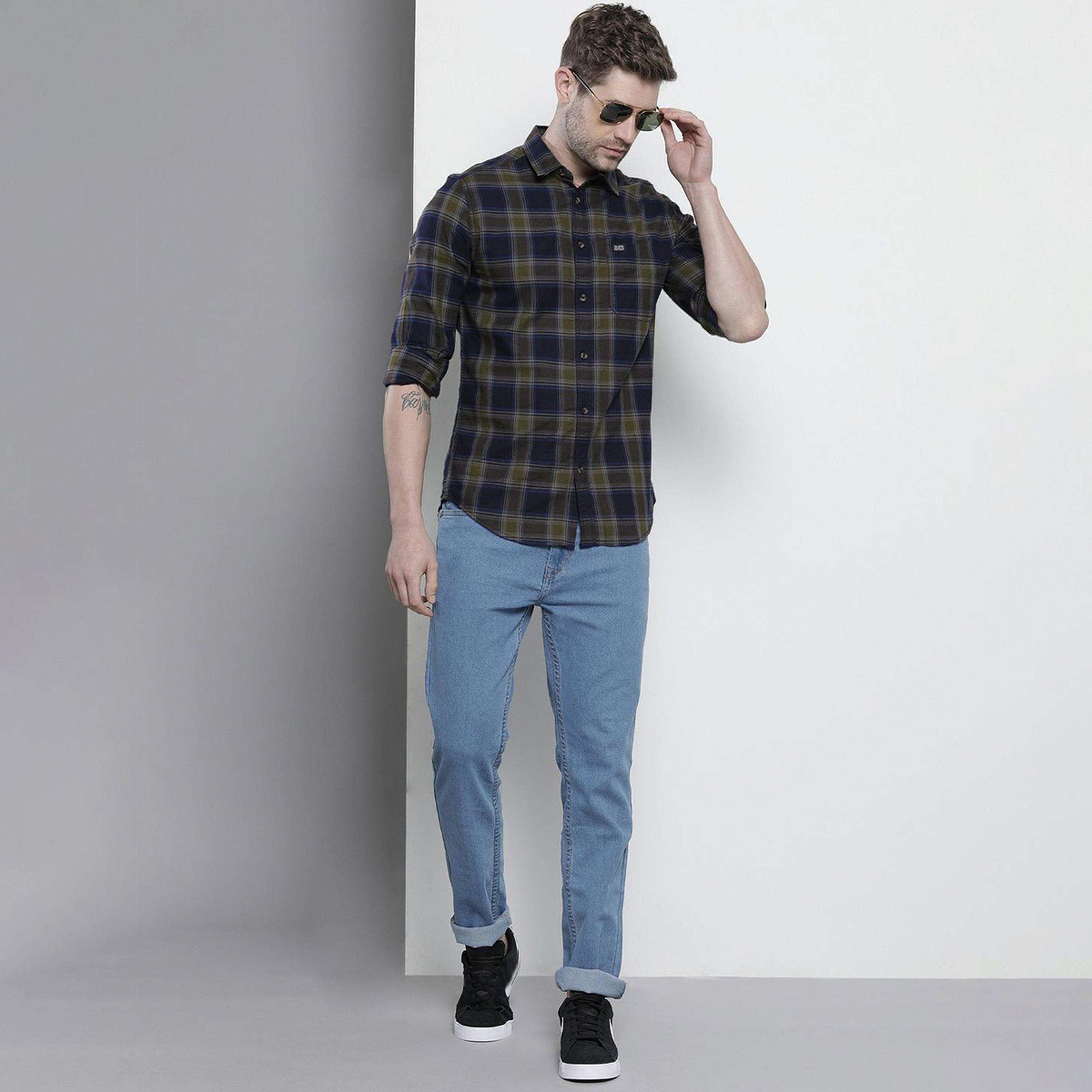 The Indian Garage Co X Styli Men Navy Blue Checked Spread Collar Shirt-men-clothing-shirts-image-2