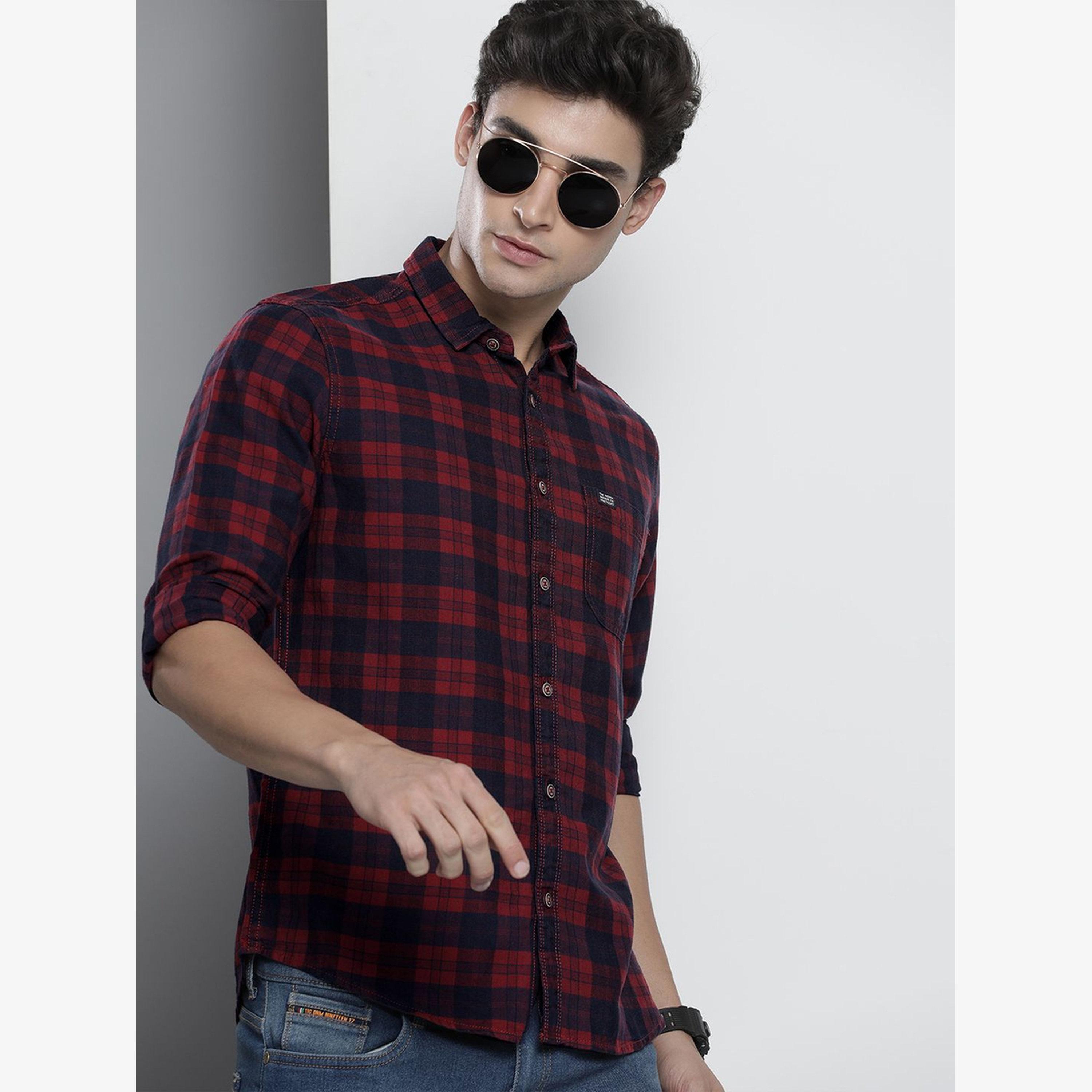 The Indian Garage Co X Styli Men Maroon Slim Fit Checked Shirt-men-clothing-shirts-image-2