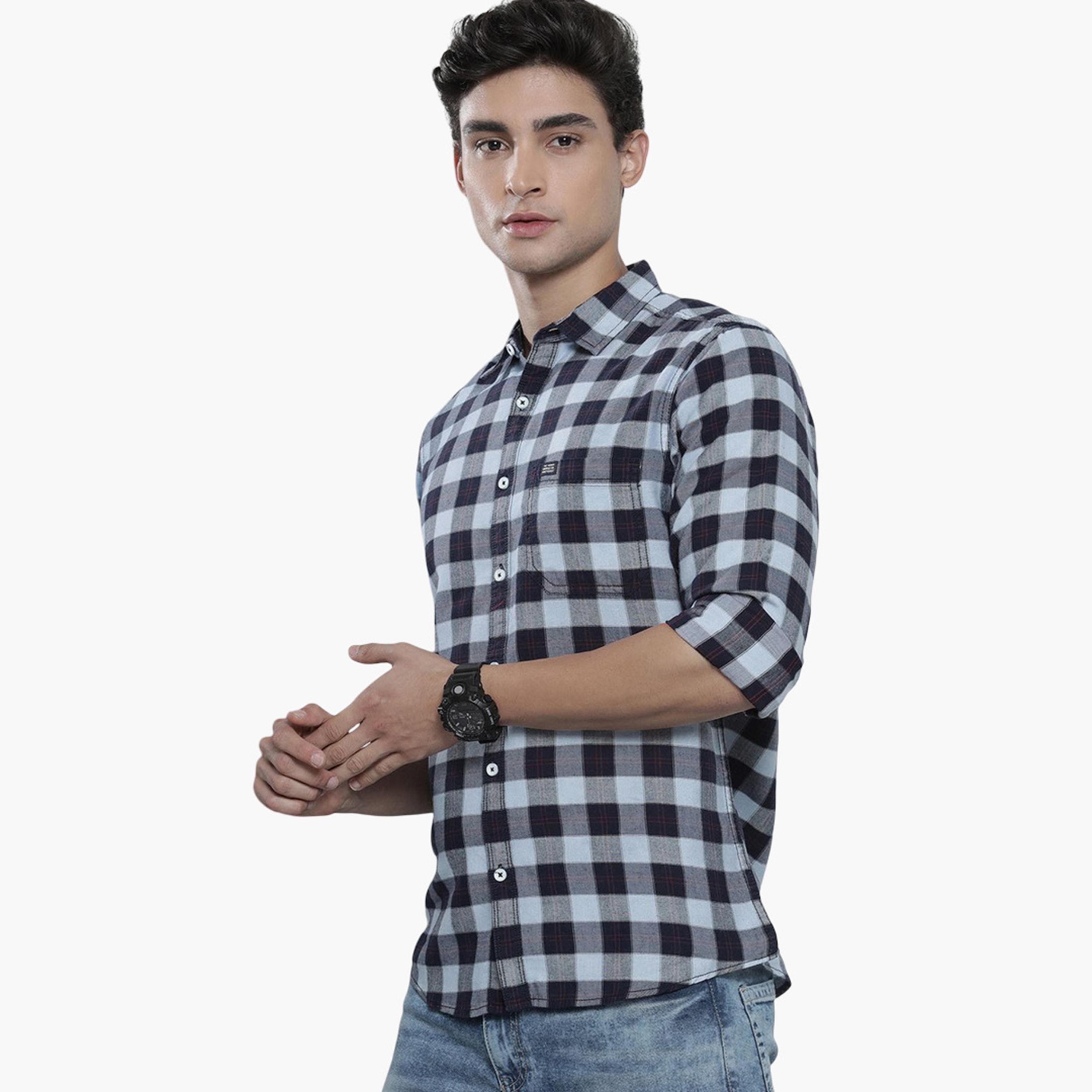ذا انديان كراج كو × ستايلي - قميص رجالي منقوش ياقة واسعة أزرق داكن-men-clothing-shirts-image-1