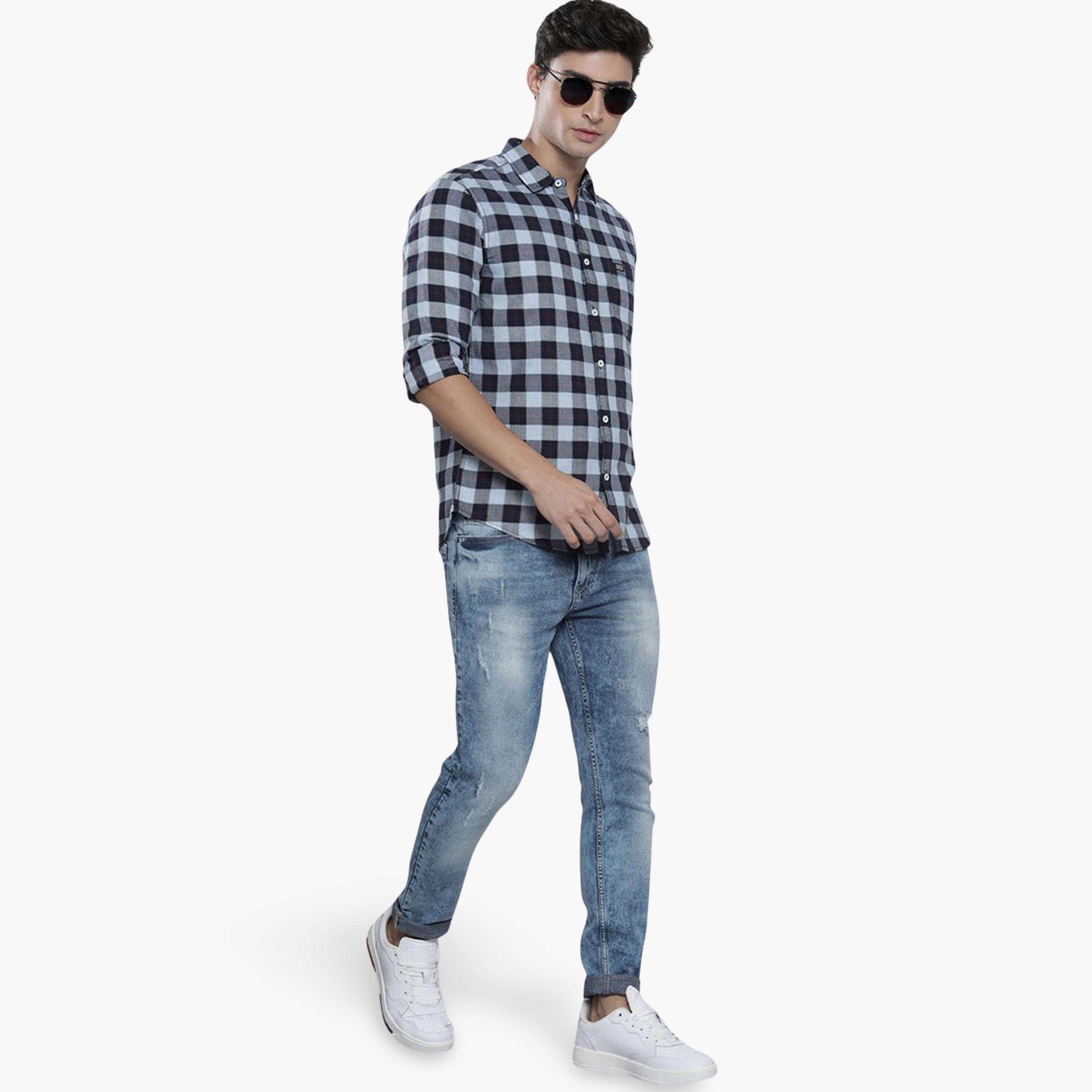 ذا انديان كراج كو × ستايلي - قميص رجالي منقوش ياقة واسعة أزرق داكن-men-clothing-shirts-image-2