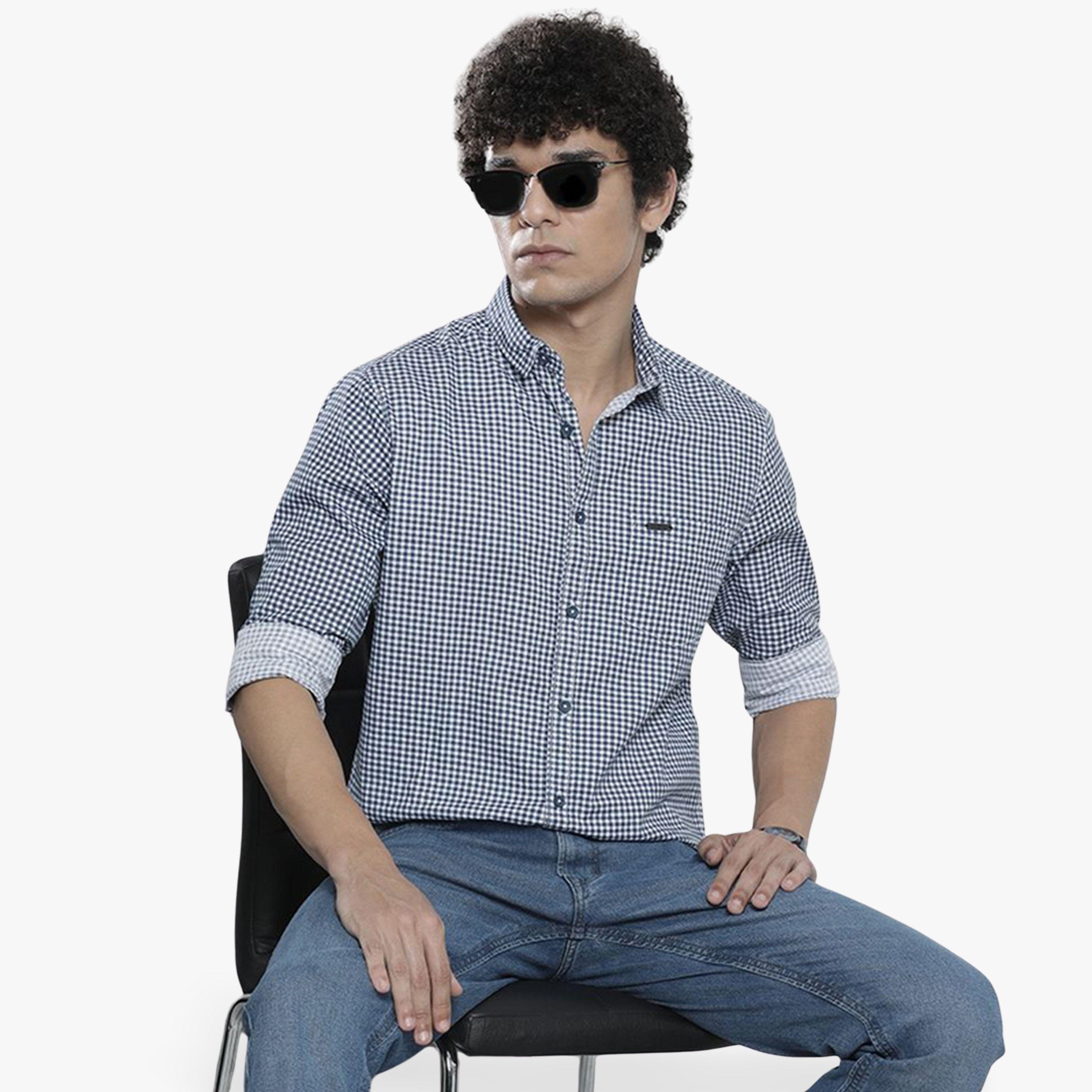 The Indian Garage Co X Styli Men Navy Blue Checked Spread Collar Shirt-men-clothing-shirts-image-1