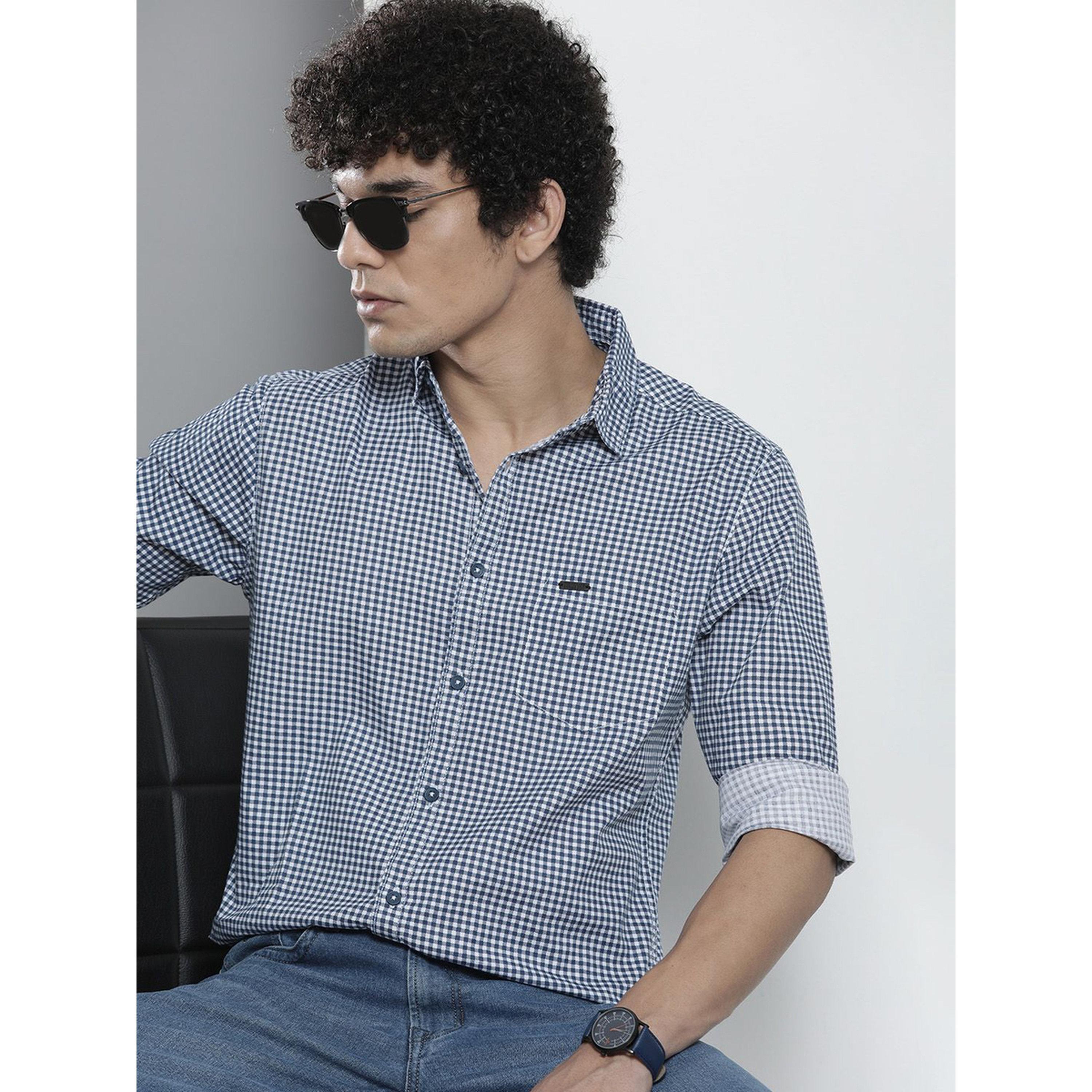 The Indian Garage Co X Styli Men Navy Blue Checked Spread Collar Shirt-men-clothing-shirts-image-2