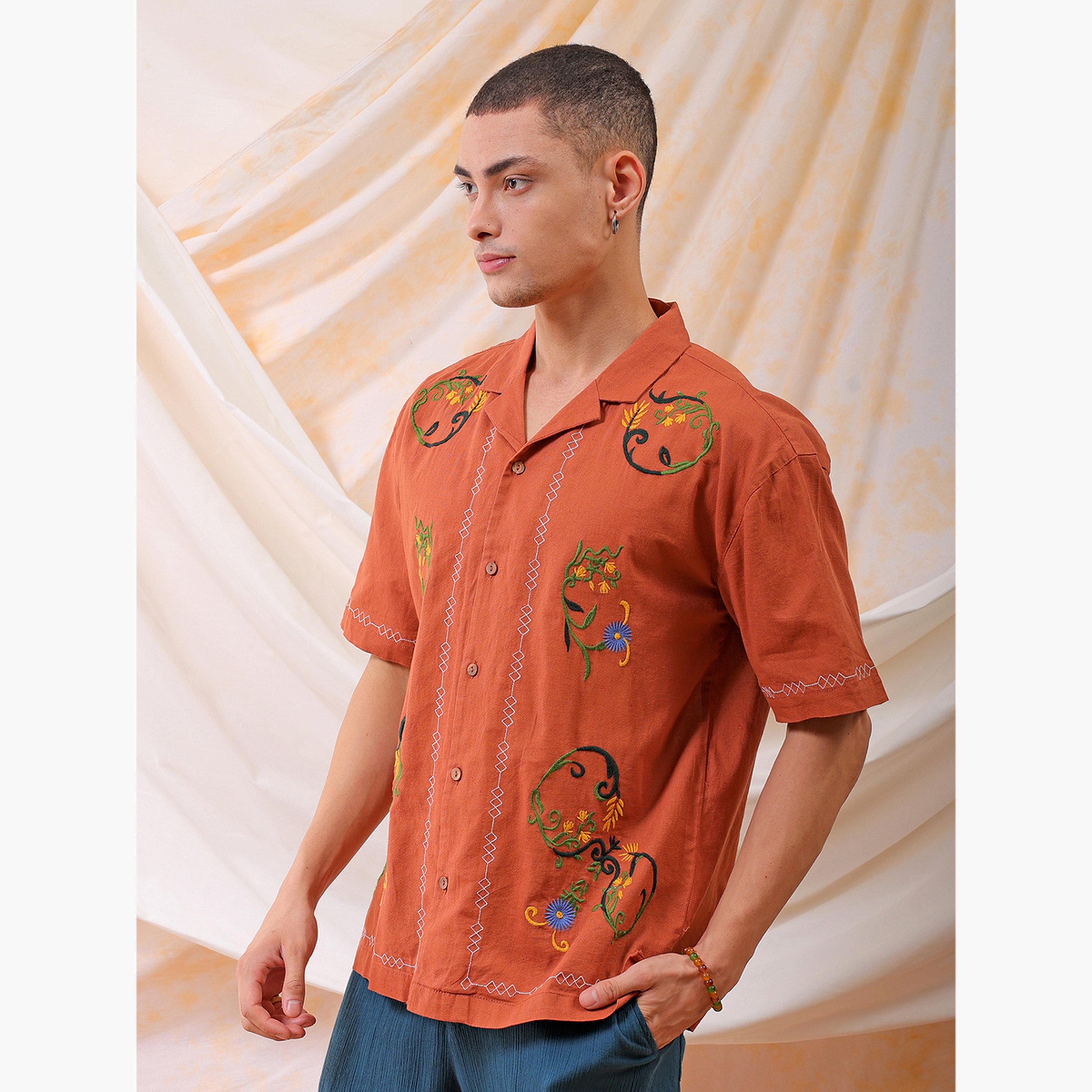 The Indian Garage Co X Styli Men Rust Embroidered Resort Collar Shirt-men-clothing-shirts-image-4