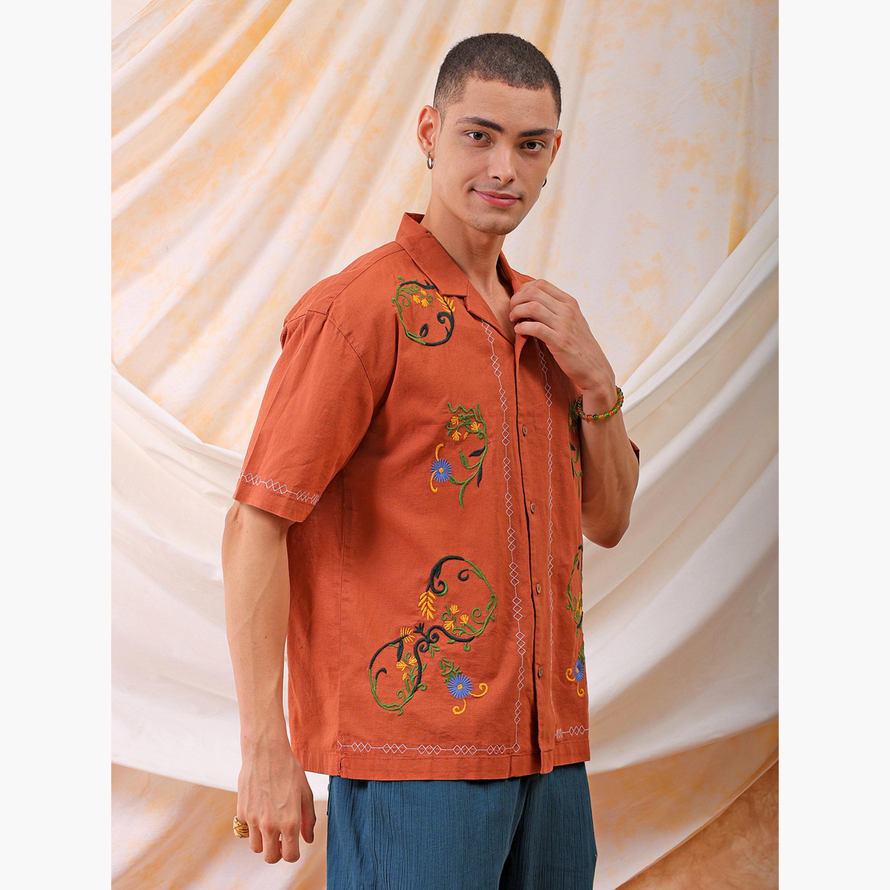 The Indian Garage Co X Styli Men Rust Embroidered Resort Collar Shirt-men-clothing-shirts-image-5