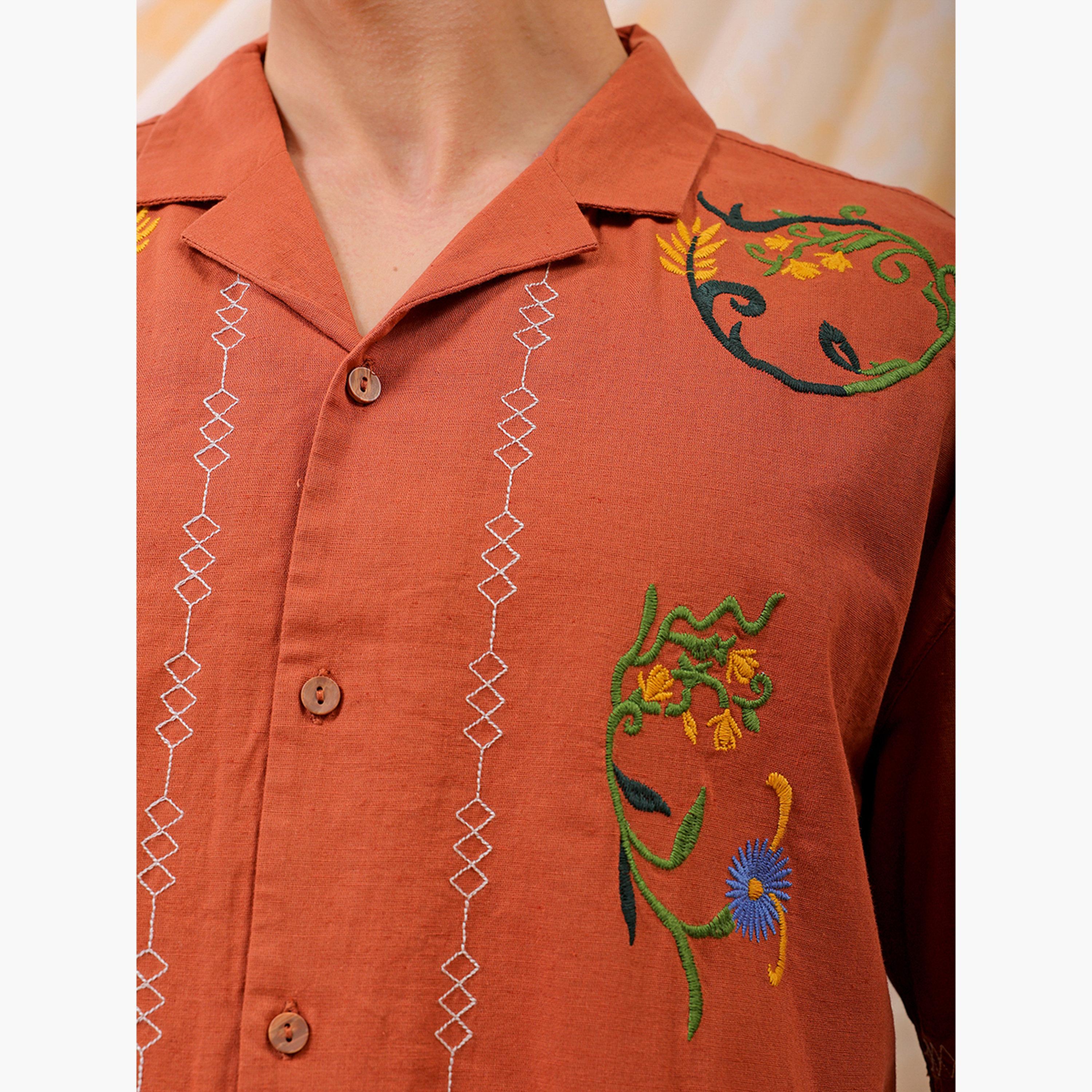 ذا انديان كراج كو × ستايلي - قميص رجالي ياقة مقتوحة مطرزة لون الصدأ-men-clothing-shirts-image-6