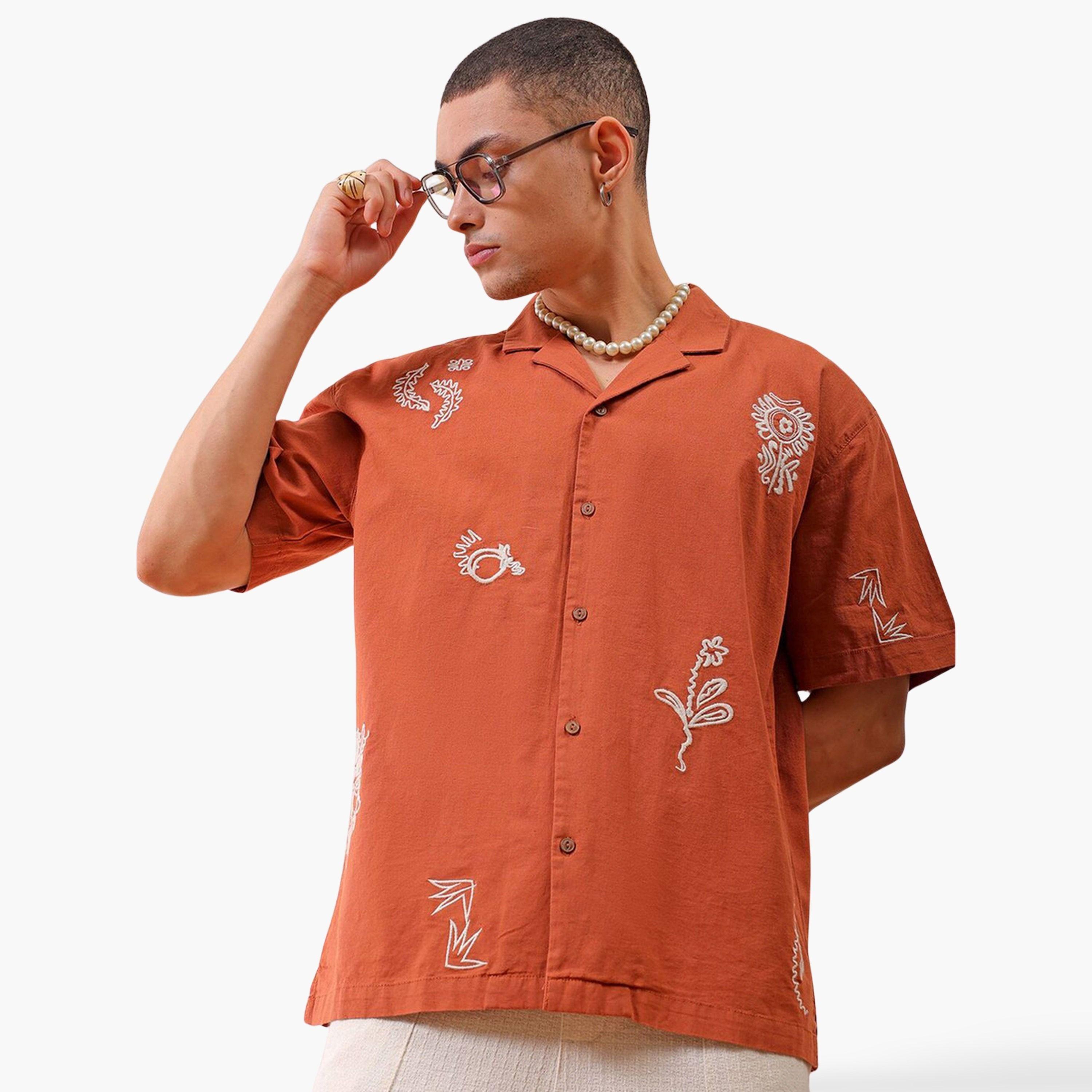 The Indian Garage Co X Styli Men Rust Embroidered Resort Collar Shirt-men-clothing-shirts-image-1