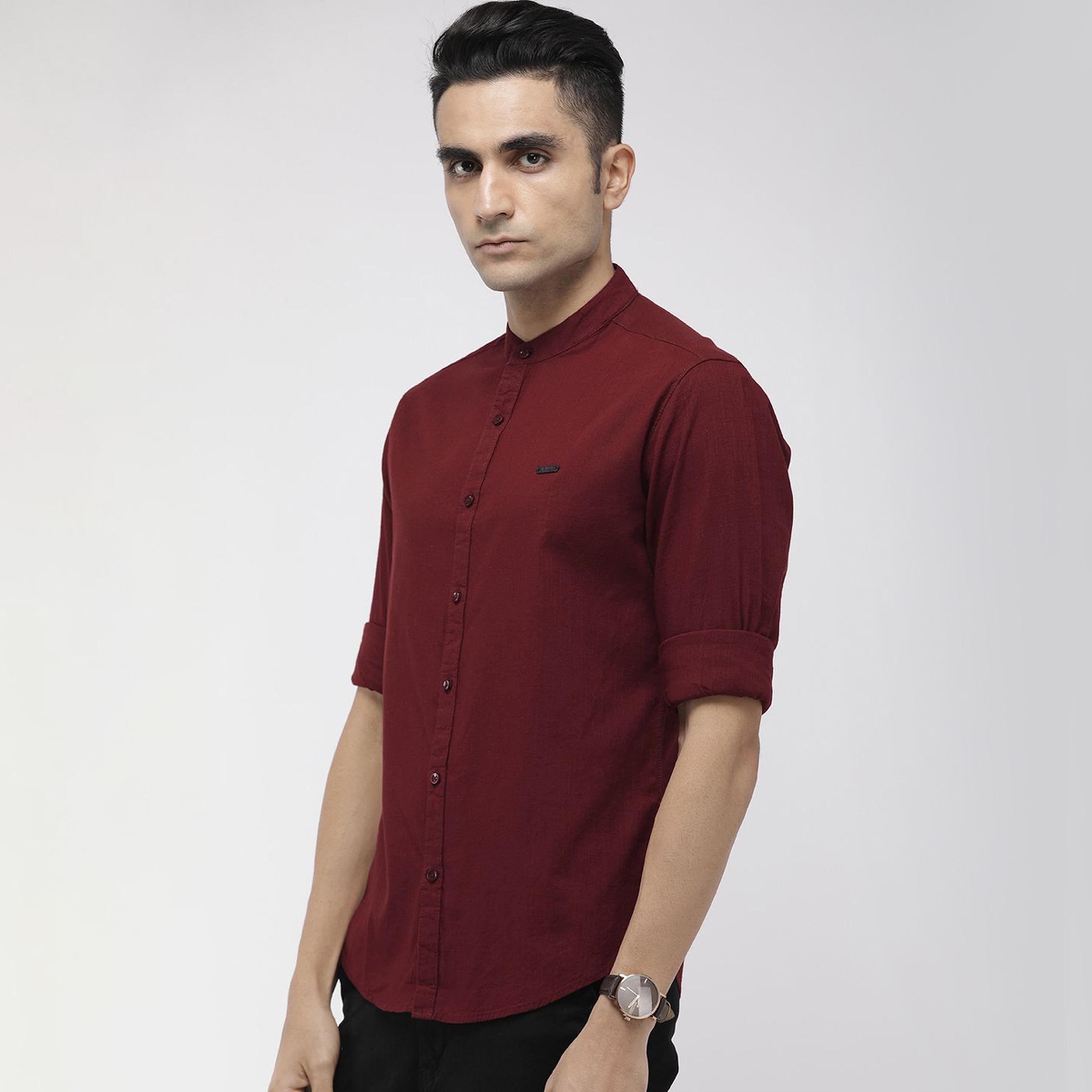 ذا انديان كراج كو × ستايلي - قميص رجالي سادة ياقة ماندرين لون مارون-men-clothing-shirts-image-1