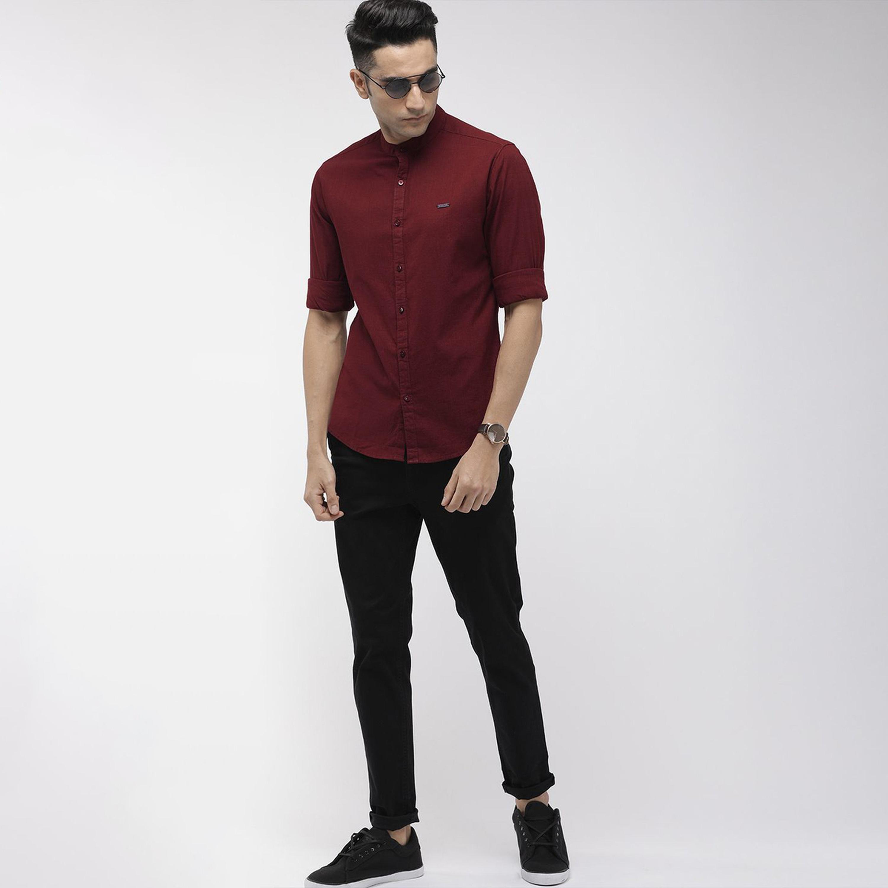 ذا انديان كراج كو × ستايلي - قميص رجالي سادة ياقة ماندرين لون مارون-men-clothing-shirts-image-2