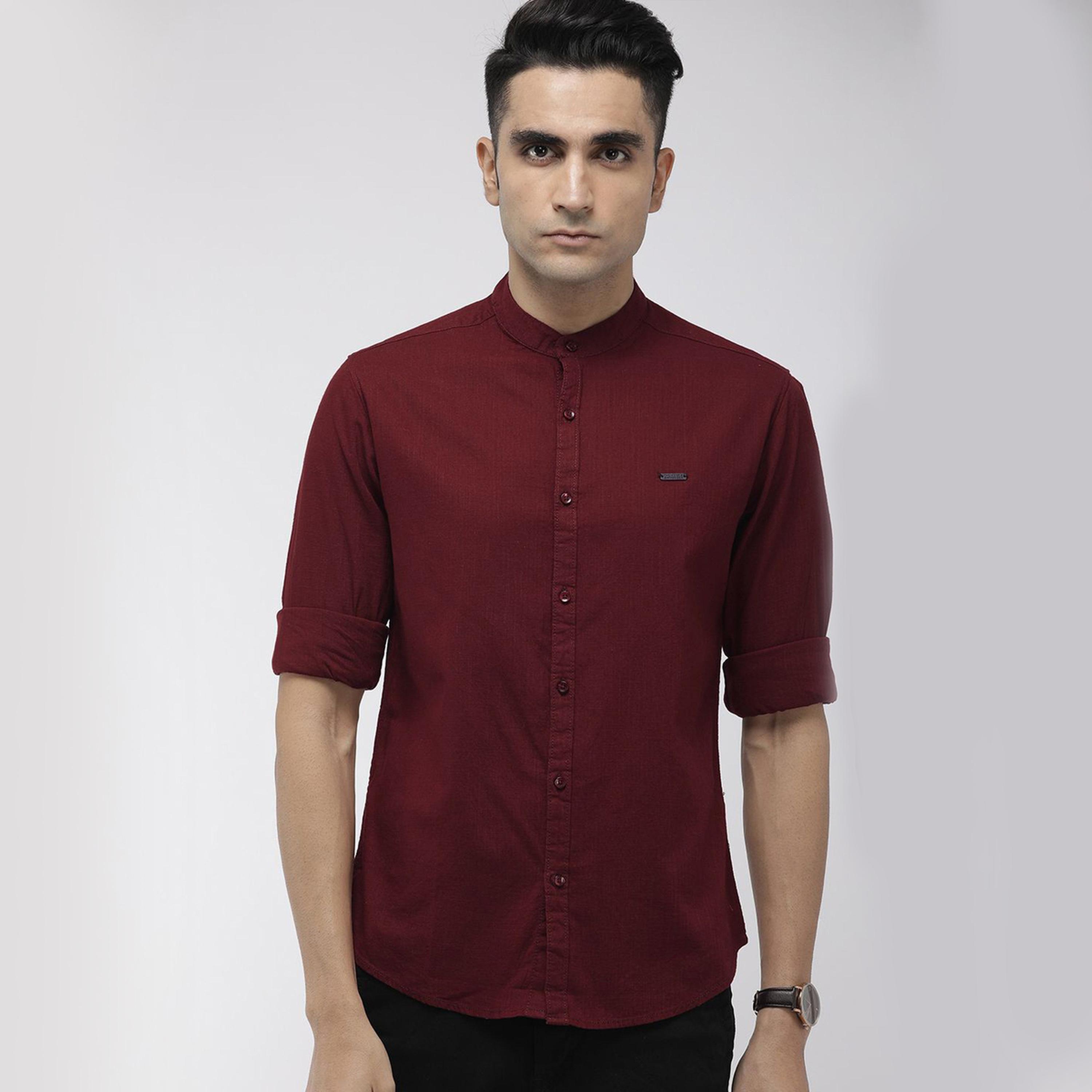 ذا انديان كراج كو × ستايلي - قميص رجالي سادة ياقة ماندرين لون مارون-men-clothing-shirts-image-4