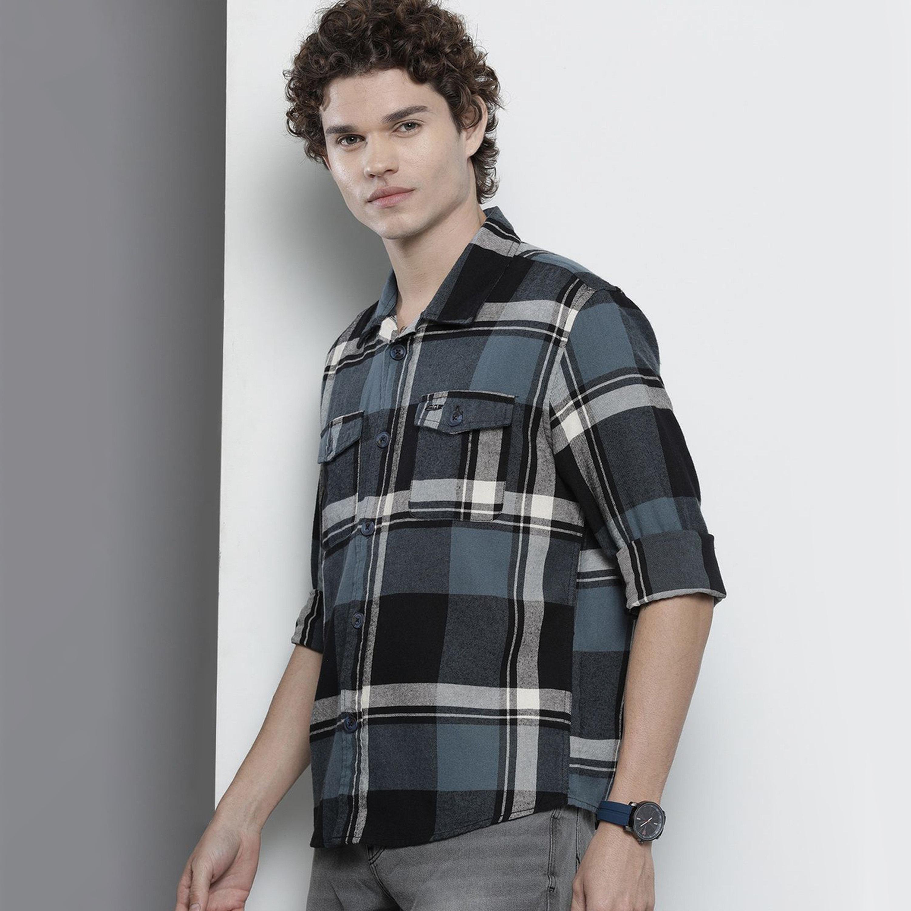 ذا انديان كراج كو × ستايلي - قميص رجالي منقوش مع جيب قابل للطي لون أزرق مخضر-men-clothing-shirts-image-1